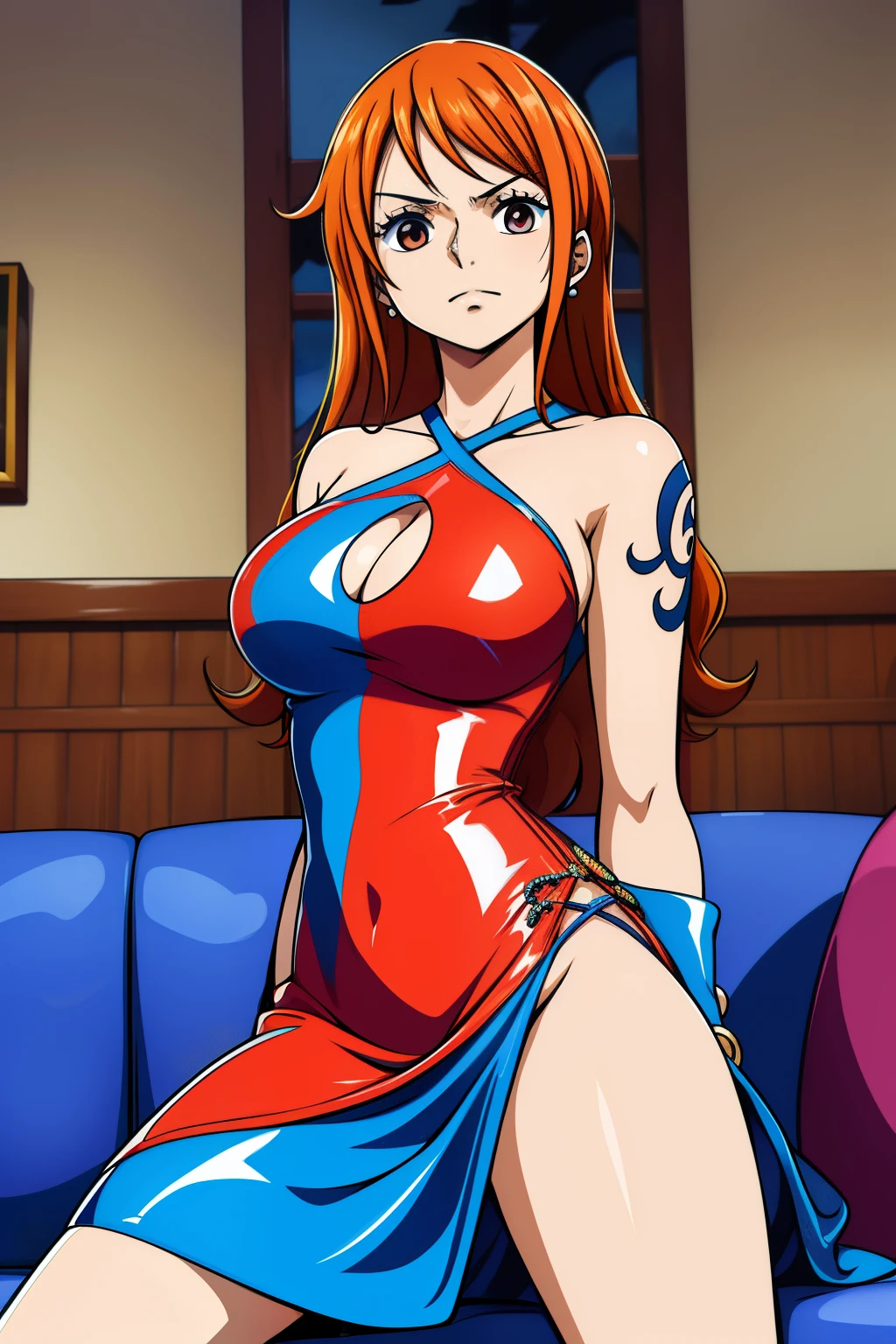Cute girls,ojos marrones redondos, cabello naranja、sin sujetador、Peinado liso medio a largo,Tatuaje de molino de viento en el hombro izquierdo、(Bigboobs,vestido ajustado latex,lleva un vestido ajustado azul,En una casa de alquiler,sitting on the couch,Noche,estaba lloviendo afuera,Upper body is wet.,cuerpo entero,she wears a blue latex dress,desnuda