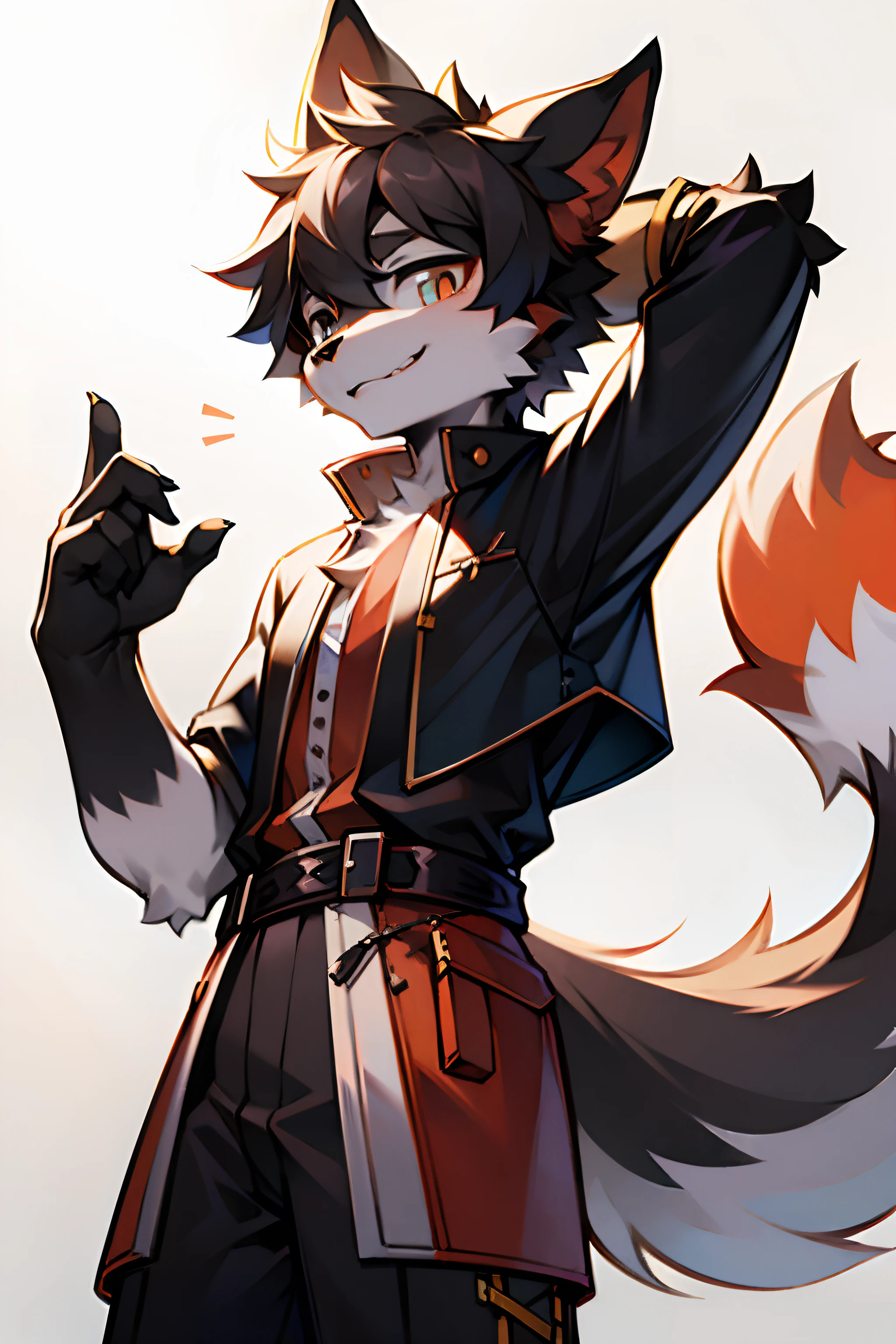 tmasterpiece，eyes with brightness, in a panoramic view, Character focus, 独奏, Furry male wolf, Off-white fur, Different colored eyes,CasualClothing，Young style，The demeanor is cold,One meter seven height，Particularly handsome, has a tail，BREAK BREAK BREAK，AOEU，vectorial，Line art