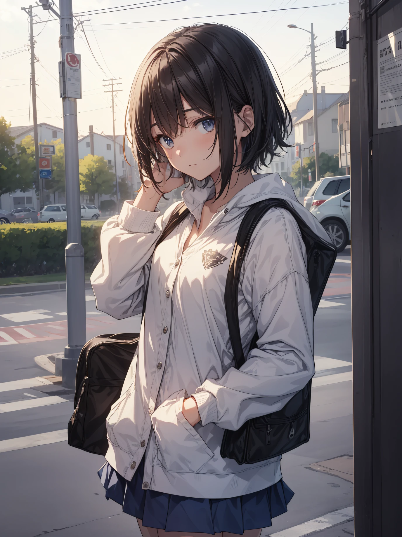 Portrait, Documentary, Photo, A girl is 13-year-old gender-neutral middle school student with short black hair and small chest, walking on the school commute route with a tired expression, Short hair, School uniform, skirt, School commute route, High quality, Realistic, Eye-level shot, Medium shot, side view, Natural lighting, School commute,break,1girl, (Solo,Loli face,13-year-old:1.5),a junior high school student, androgynous charm, (Very Short hair), flat chest, Small butt, black eyes,disgusted eye,break,((top quality,ultra-detailed,high resolution,extremely detailed CG, anime, beautiful anime portrait, anime art wallpaper 8k, perfect anatomy, super detailed skin, cinematic lighting,))