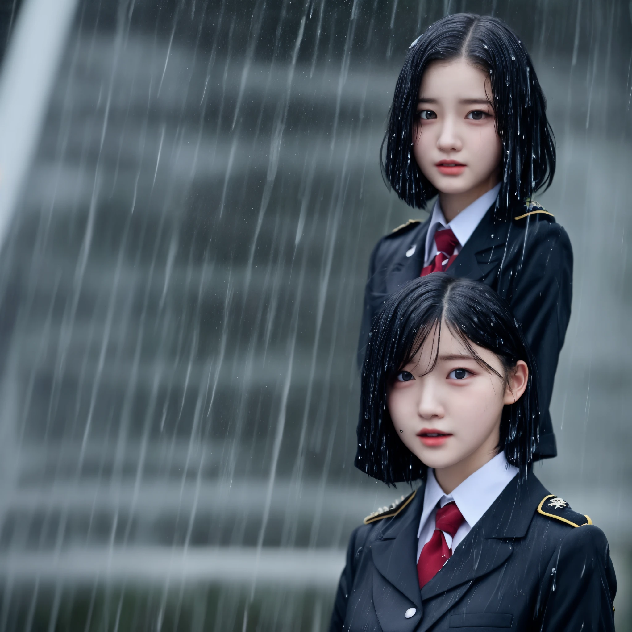 Girl black hair cool uniform rain wet red eyes short hair no highlights