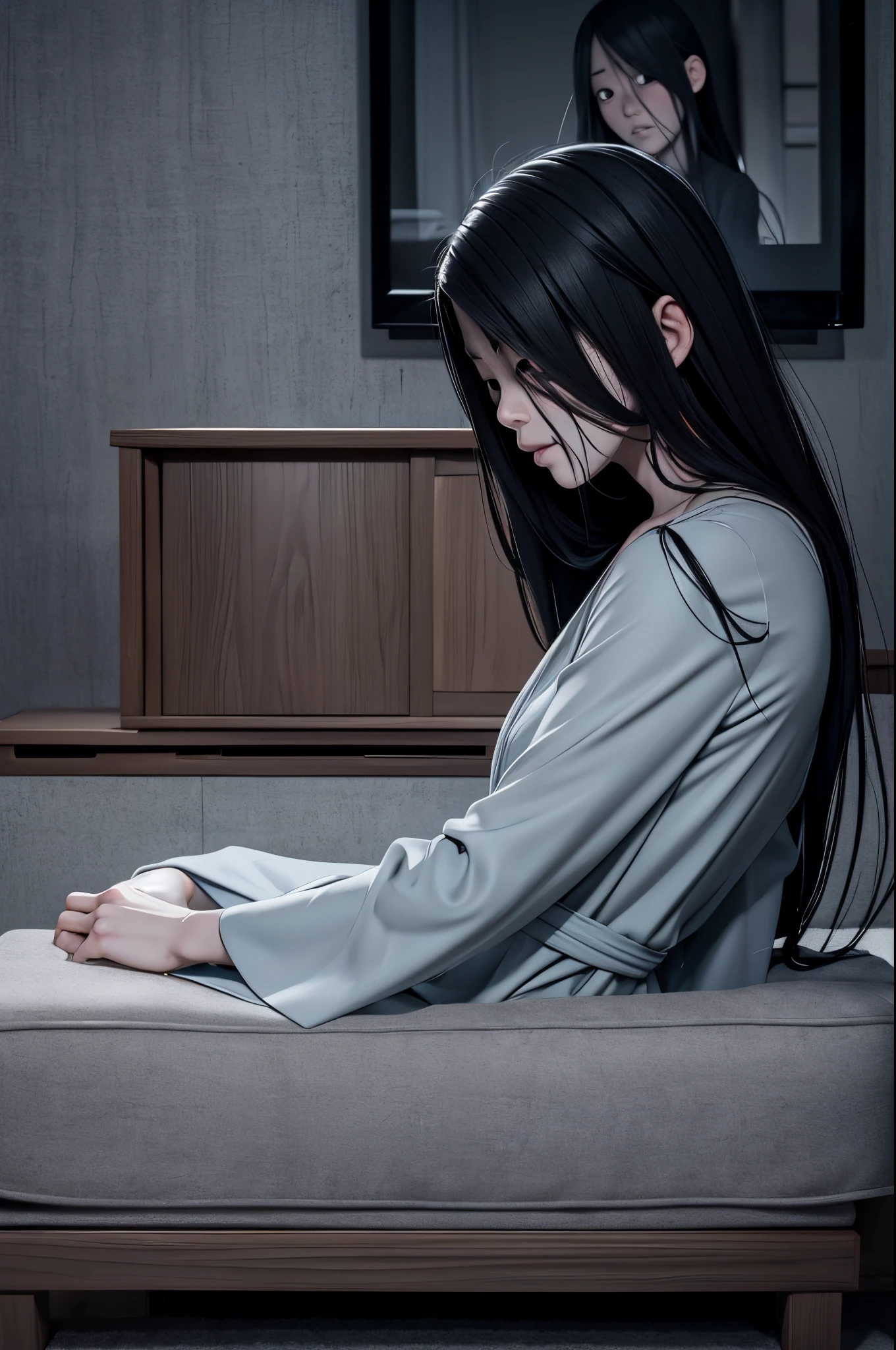 Sadako, soaking, wet robe, gray colored skin, Hair covers the face, sexy for.Sadako crawled out of the TV,A woman lying on the floor in front of the TV, japanese horror, style of hajime isayama, japanese horror movie footage, Junji Ito 4K, japanese pop surrealism