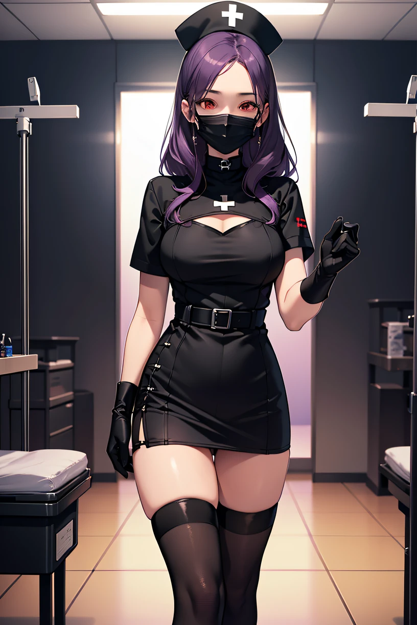 black nurse, 1woman, solo, black nurse cap, black wear, ((black legwear, zettai ryouiki)), black elbow gloves, long hair, purple hair, red eyes, ((black surgical mask, covered nose)), standing, ((surgery room)), sharp outline, short sleeves, mature female, 35 years old, best quality, masterpiece