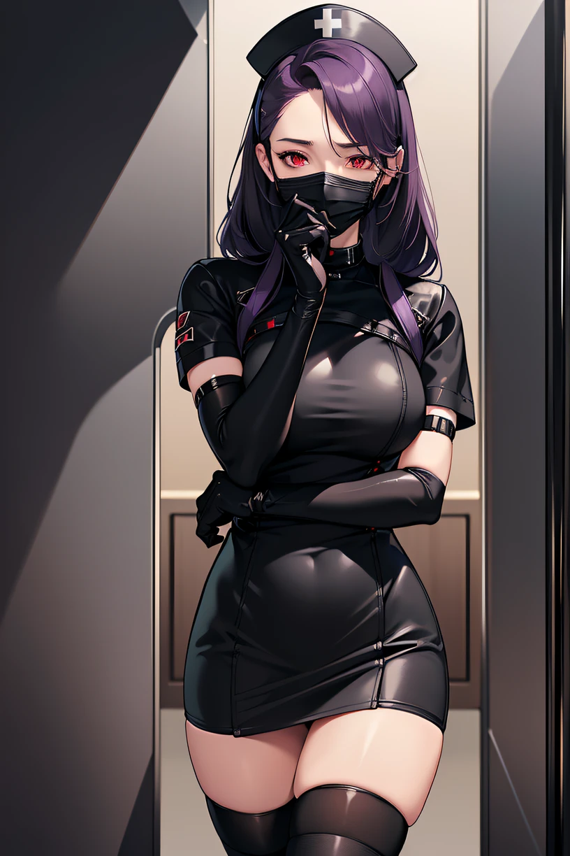 black nurse, 1woman, solo, black nurse cap, black wear, ((black legwear, zettai ryouiki)), black elbow gloves, long hair, purple hair, red eyes, ((black surgical mask, covered nose)), standing, ((surgery room)), sharp outline, short sleeves, mature female, 35 years old, best quality, masterpiece