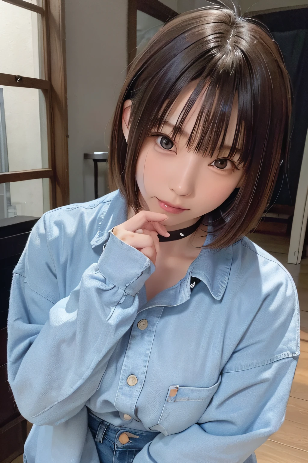 17 age, Adorable, japanaese girl, 17 age, Portrait ,(Tattered jeans:1.5、damage jeans:1.5),(Bottoms are urethane sports shorts) short-hair , (High color saturation,catchlight:1.0), (highlydetailed skin), (Best Quality:1.0), (超A high resolution:1.0) ,(photographrealistic:1.0), (ultra-detailliert:1.0), (8K, Raw photo:1.1),( Smile:0.8),Looking at Viewer、flat chest、Upper body 、Slouched、pose sensual、(No mask:1.3)、(complete fingers:1.3)