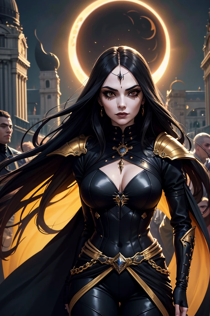 Uma personagem feminina usando capa com cabelos dourado curto, In the midst of the crowd,eclipse,goth clothing, detalhadas, 8k, magnificent art, dramatic scene, Eclipse at the apex of the image, maga. Gothic armor with gold and black details, vampira, fluttering cover.