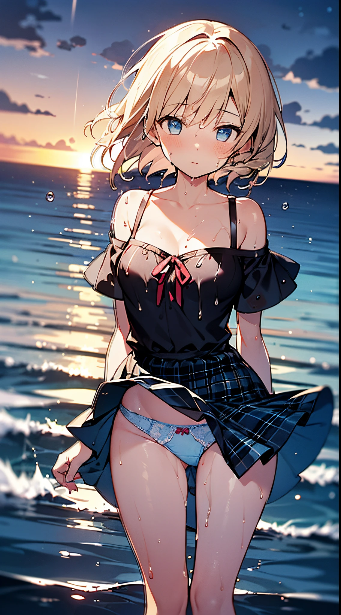 masutepiece, Best Quality,Illustration, Wallpaper, Ultra Detail, absurderes, 1girl in, Solo, (Medium short hair、short braided hair), Beautiful detailed eyes, beautiful detailed fingers,with blush cheeks,after rain , (ocean type:1.3), Night sky after rain, Hair that flutters in the wind,(a panoramic view:1.3),(Sense of depth:1.5),(longshot:1.3)、natta,(dark sky) ,(starrysky),White blouse,  (shoulders can be seen:1.3), (Wet:1.2), (with thin ribbon), Short pleated skirt, (Flowing in the wind:1.3), (I can see the light blue string panties:1.2), (Plaid), arms visible, clean breasts, neck visible, collarbone visible, I can see the cleavage, I can see your elbow,thigh visible, buttocks visible, (Wet)