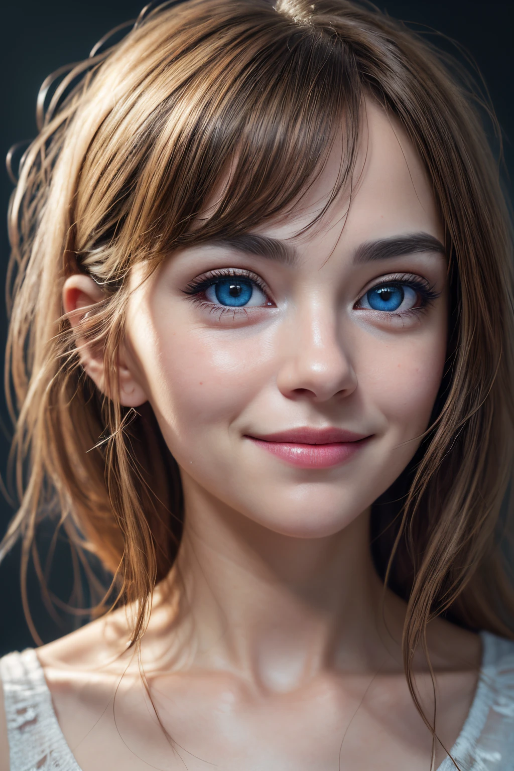 (realistic, photo-realistic:1.37),(8k, RAW photo, best quality, masterpiece:1.2), cute, ultra-detailed,heart-shaped pupils,physically-based rendering, ultra high res, kodakvision color, shot on Arricam LT Camera, bokeh, sharp focus,
looking at viewer,photorealistic,realistic, solo, photorealistic, best quality,extremely detailed face,extremely detailed eyes and face, beautiful detailed eyes,absurdres, incredibly absurdres,haunting smile,Messy hair, floating hair, ,