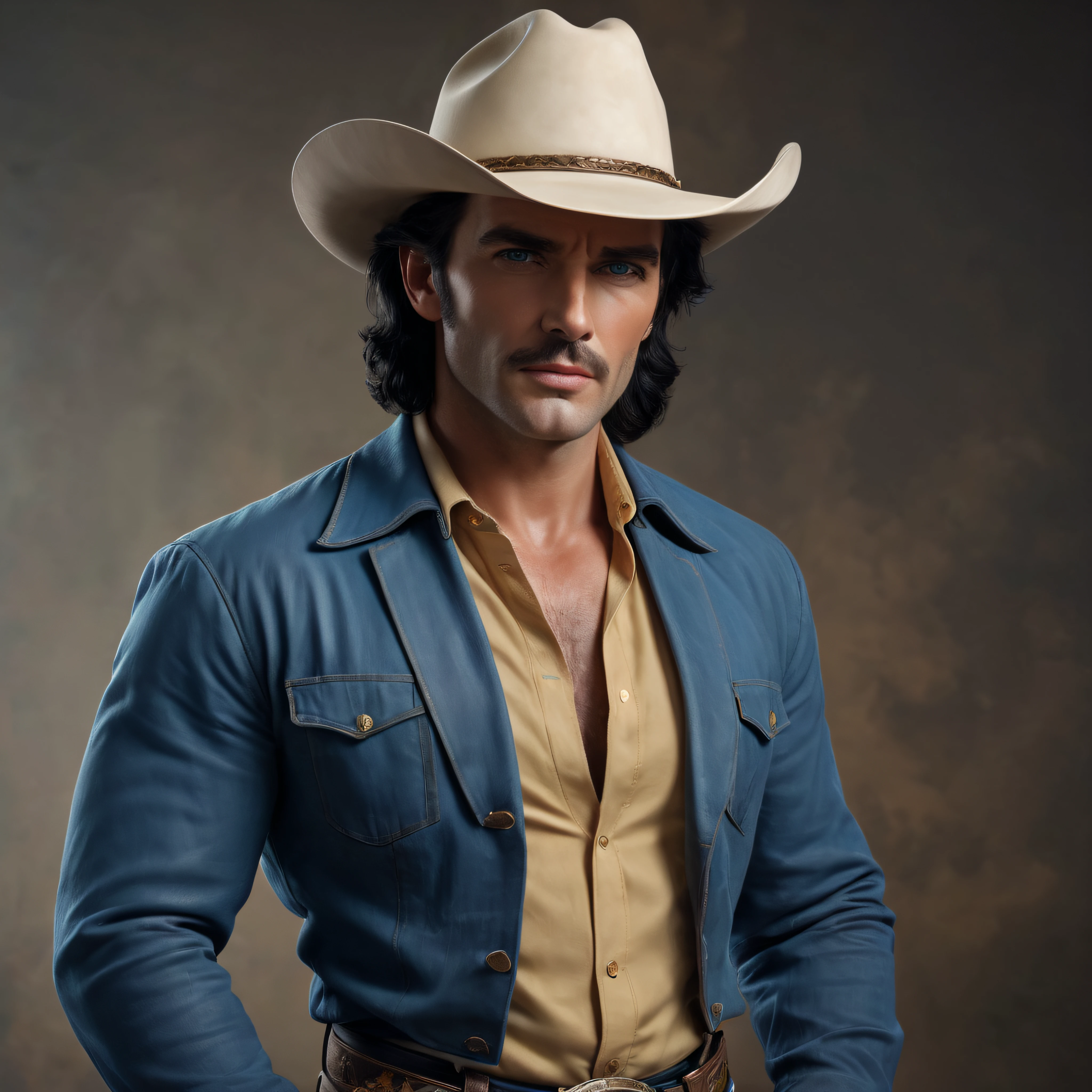 full body portrait, head to toe, Paul Stanley/Elvis Presley/Tom Selleck/Sam Elliot/Henry Cavill/Keanu Reeves/Dolph Lundgren/Tyler Hoechlin/Jon Bernthal hybrid Cowboy with black hair and bright blue eyes, wearing a cowboy hat, oil painting in the art style of Gilbert Stuart, 32k, UHD, hyper realistic, Photorealistic, sharp, vibrant, extremely colorful, highly detailed, professional quality, beautiful, awesome, majestic, superb, trending on artstation