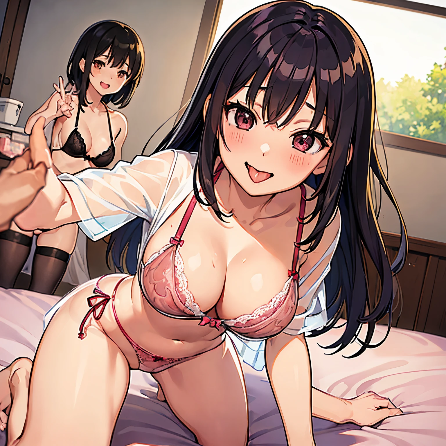 (Best Illustration:1.2), (masutepiece:1.2), (NSFW:1.2), Bed in the bedroom, (3 married women:1.2), (Futanari:1.8), (Futanut:1.8), (Big:1.2), (Chincus:1.8), (See-through string bra and string panties:1.8), (kinky lesbian:1.2), (cheating wife lesbian:1.2), (Lesbian sex:1.5), (hand job:1.5), (AHE Face:1.5), (Vulgar laughter:1.2), (grinning lasciviously:1.5), (Open the large mouth:1.5), (stick out a long tongue:1.3), (Enchanting:1.3),
