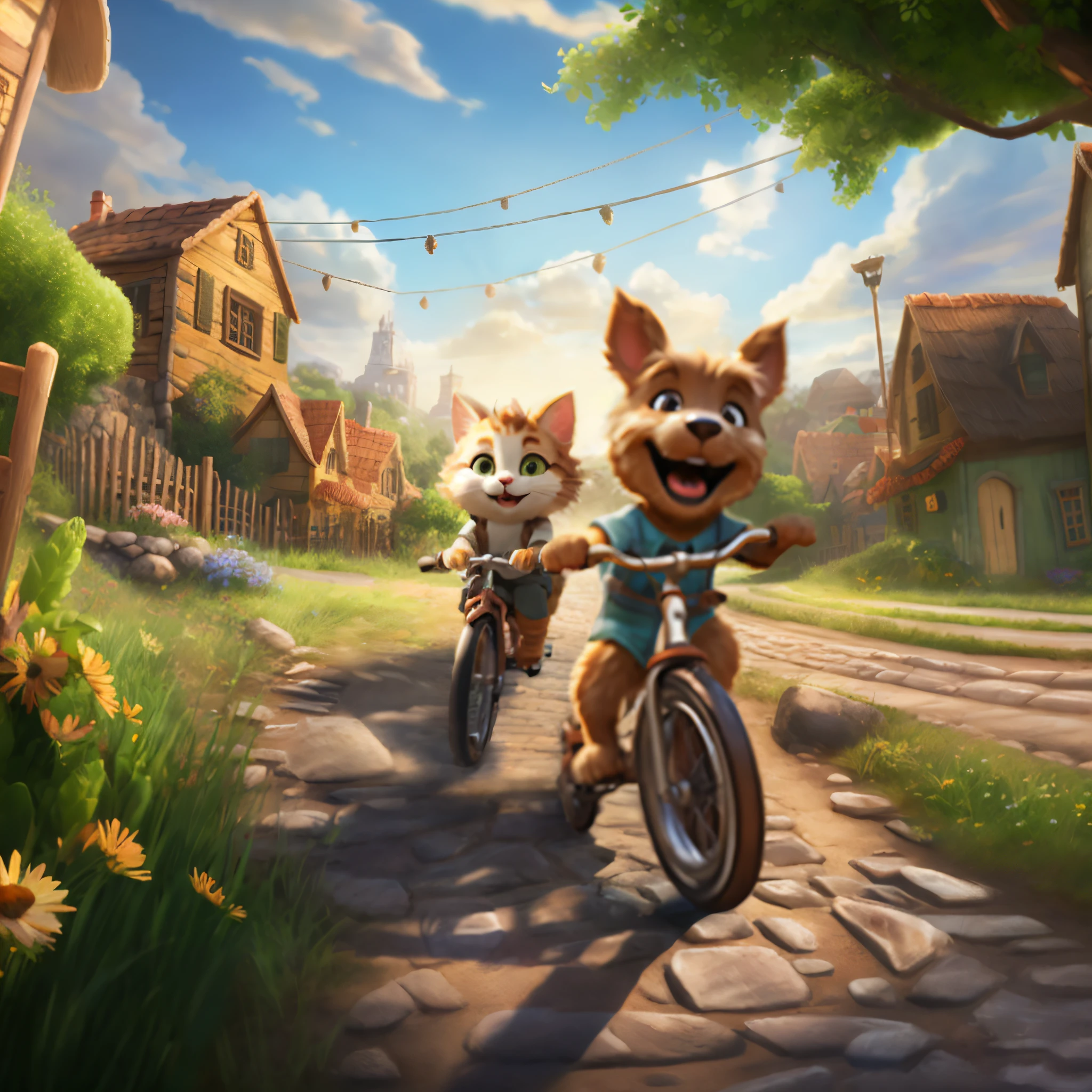 Cartoon cat riding bicycle on cobblestone road in village, game button art, Game illustration, lovely digital painting, artstation for kids art, Official artwork, key art, mobile game art, cover game art, zootopia concept art, art for the game, animated cartoon, GameCG, WLOP and Greg Rutkoski, offcial art, Cartoon concept art