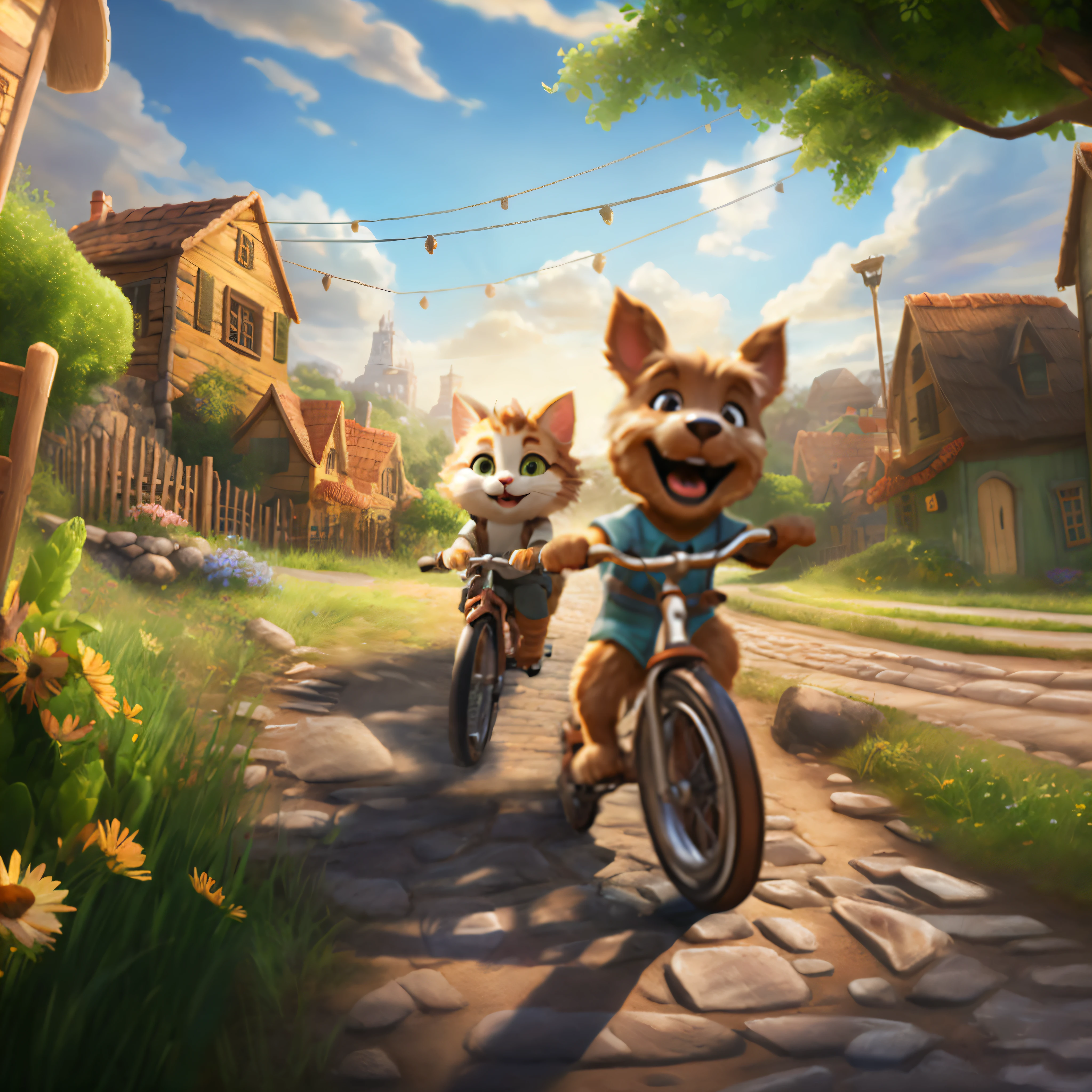 Cartoon cat riding bicycle on cobblestone road in village, game button art, Game illustration, lovely digital painting, artstation for kids art, Official artwork, key art, mobile game art, cover game art, zootopia concept art, art for the game, animated cartoon, GameCG, WLOP and Greg Rutkoski, offcial art, Cartoon concept art
