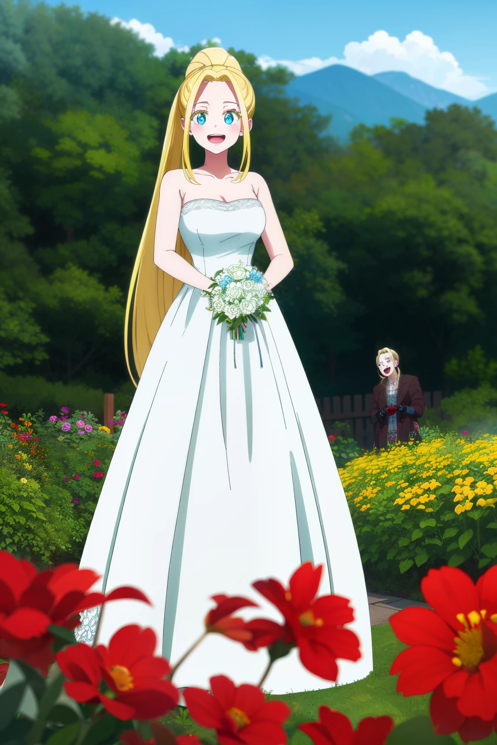 masterpiece, best quality, highres, aarurutie,1girl, wedding dress, white dress, standing, garden, smile, open mouth, beatrix amerhauser, long hair, blue eyes, blonde hair, gloves, ponytail,