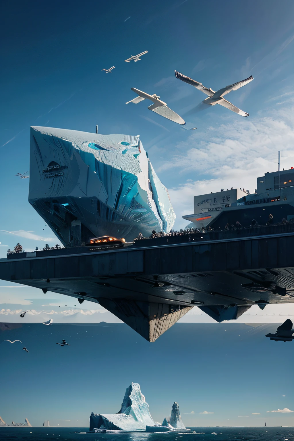 iceberg device，Cyberpunk universe，Many geese and ducks are circling in the sky，animated cartoon，High quality wide angle