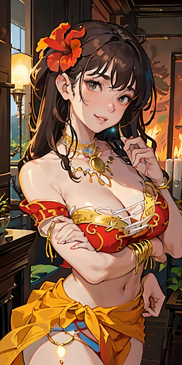 natta、The flame of the torch continues、kneeking、Breasts enlarged、Torchlight flame、16 year old girl with a realistic smile、、wearing a big red bikini on her butt、(Super close-up looking up from below、Smile、facing back、Big buttocks、Super close-up shot of the butt.、Slightly thicker emphasis on the thighs、She is wearing a micro bikini with a floral pattern on her chest..................................、Emphasis on cleavage、sexy brown skin tone、Tahitian dancer、dance tahitian dance、pareo(wear a skirt around the waist)、seashell necklace around neck、hibiscus ornament in hair、Sexy Posing、Tropical Beach