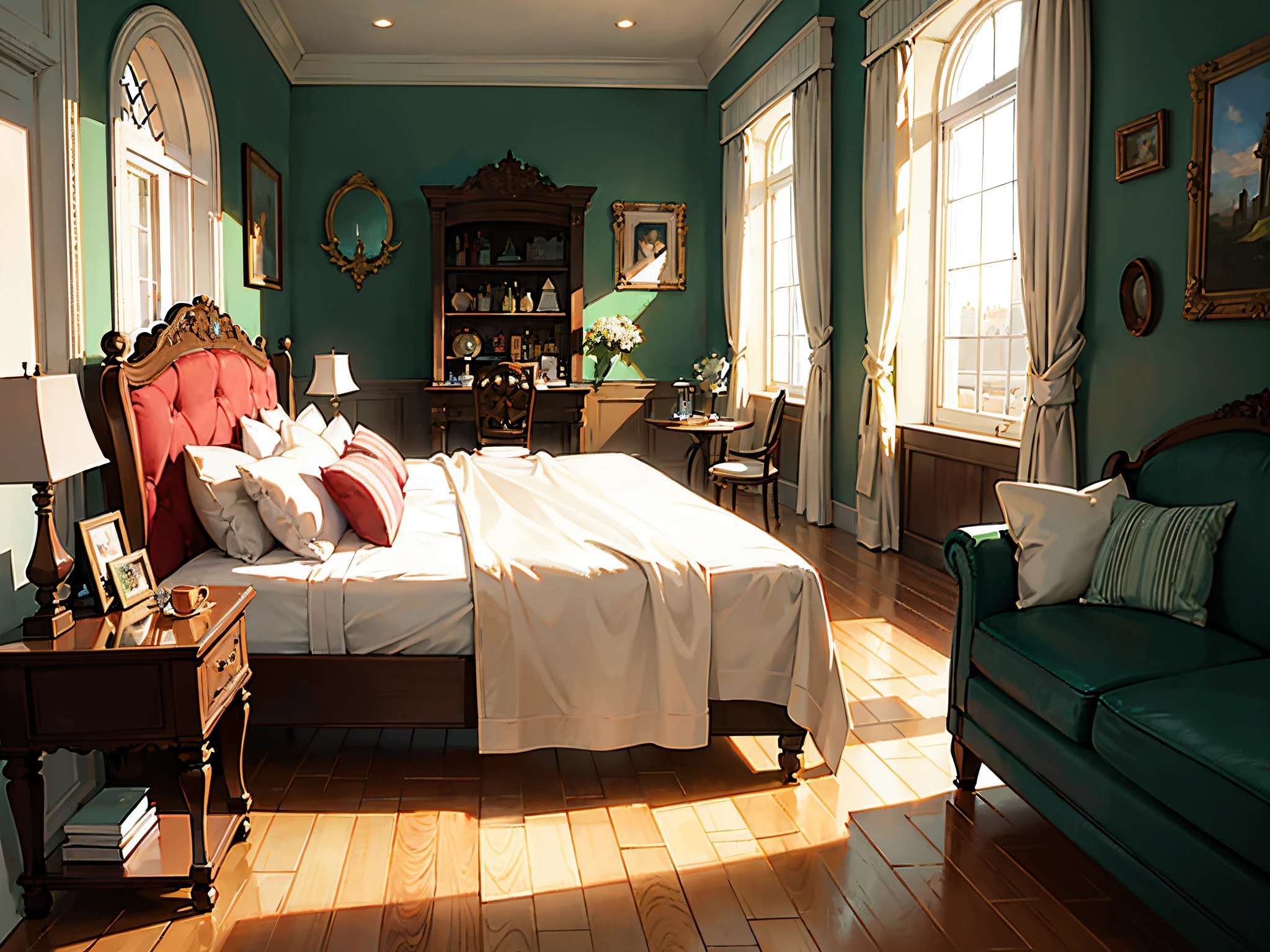 Italianate style, a soft bed, a coffee table, bedside tables, vases, hanging paintings, dressers, square glass windows, wooden furniture, wardrobes, intricate carvings, and oil paintings. Warm colors, award-winning masterpieces with incredible detail, large windows --v 6
