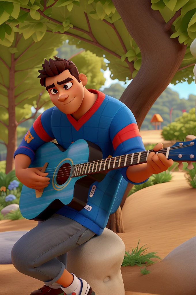 Personagem de desenho animado de um homem negro forte usando  e uma camisa azul e  um personagem animado, com guitarra Personagem Estilizado, animation style rendering, 3D estilizado, Arnold Maya render, 3 d render stylized, toon render keyshot, Personagem 3D, Personagem 3D, 3d rendering stylized, 3 d character render, personagem de desenho animado, Personagem de close up, Pose de personagem, (Estilo Pixar) (master part:1.2) (Bokeh) (best quality) (pele detalhada) (textura detalhada) (8k) (argila) (Cinematic lighting) (foco nítido，Senta e vaza a parte superior do corpo