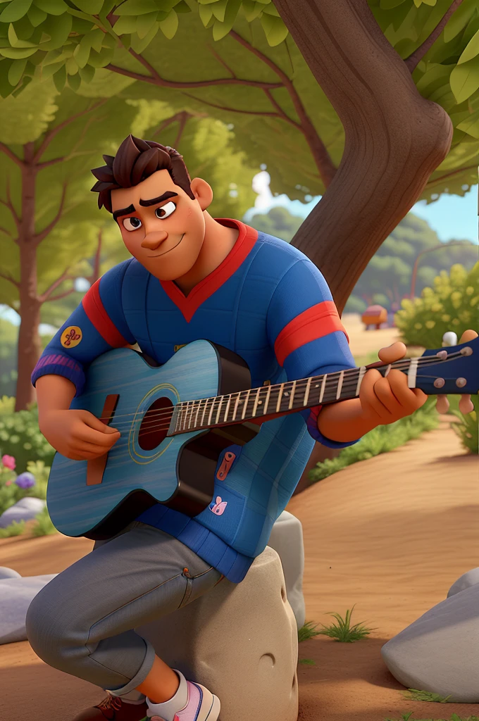 Personagem de desenho animado de um homem negro forte usando e uma camisa azul e um personagem animado, com guitarra Personagem Estilizado, animation style rendering, 3D estilizado, Arnold Maya render, 3 d render stylized, toon render keyshot, Personagem 3D, Personagem 3D, 3d rendering stylized, 3 d character render, personagem de desenho animado, Personagem de close up, Pose de personagem, (Estilo Pixar) (master part:1.2) (Bokeh) (best quality) (pele detalhada) (textura detalhada) (8k) (argila) (Cinematic lighting) (foco nítido,Senta e vaza a parte superior do corpo