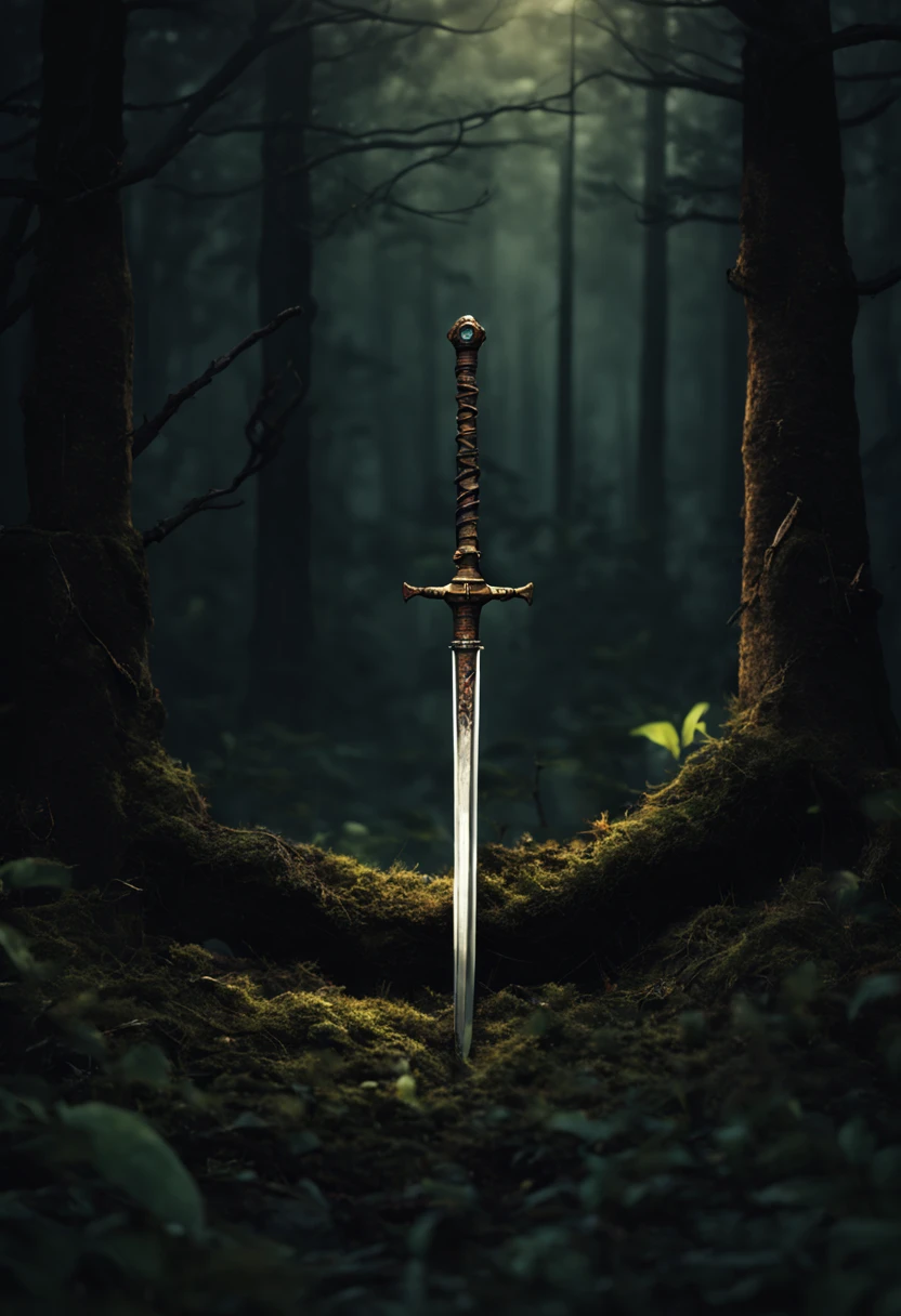 In the dark and deep forest、A rusty sword is stuck in the ground。There's a faint light shining there。