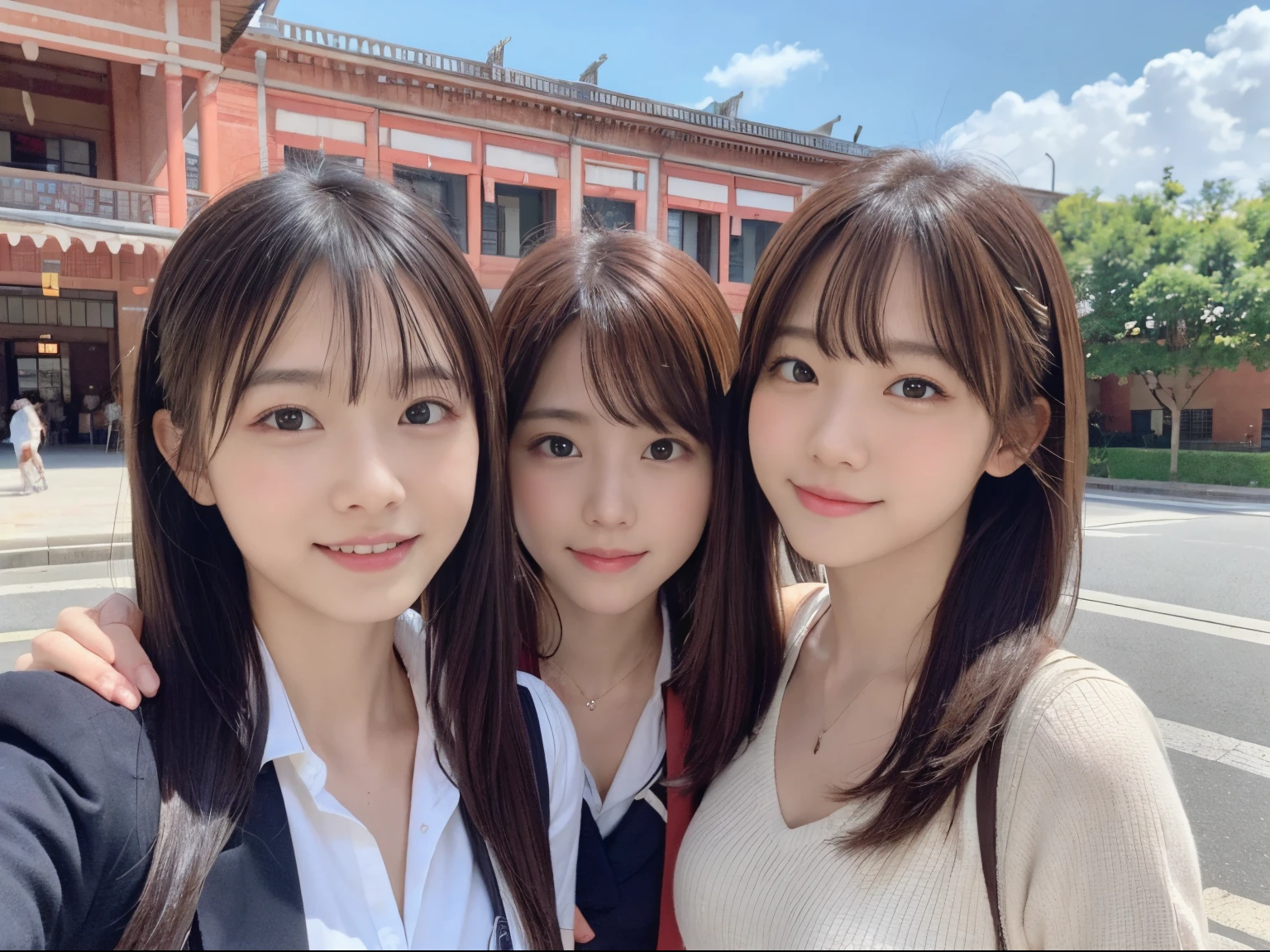 8K、4K、high-level image quality、Top image quality、beautiful image、3 people、hi-school girl、tourist destination、Random Poses、Random hairstyles