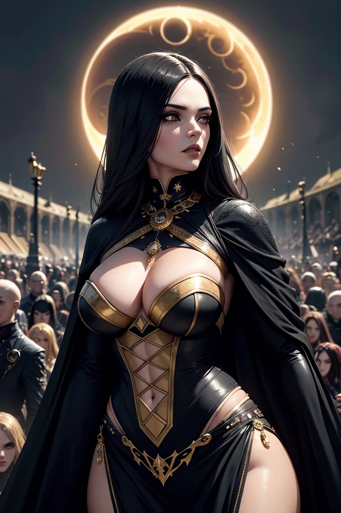 Uma personagem feminina usando capa com cabelos dourado curto, In the midst of the crowd,eclipse,goth clothing, detalhadas, 8k, magnificent art, dramatic scene, Eclipse at the apex of the image, maga. Gothic armor with gold and black details, vampira, fluttering cover.