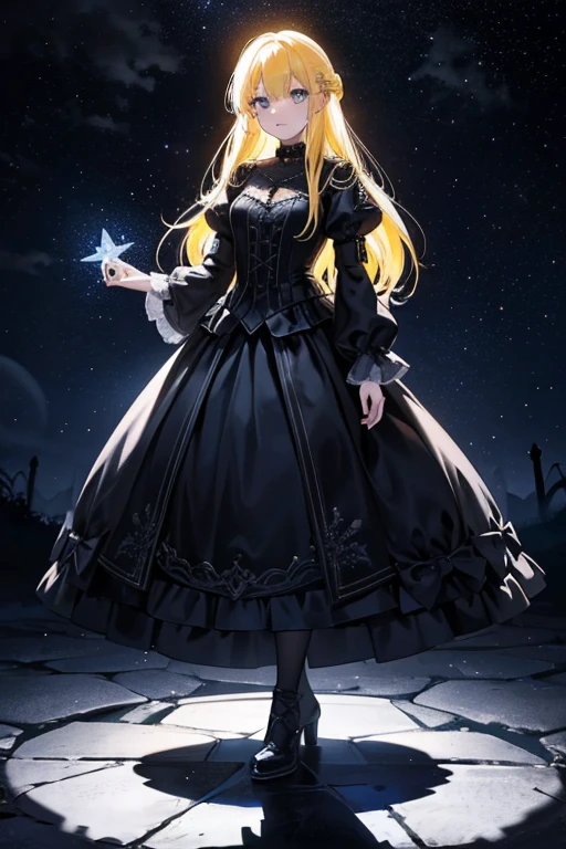 Yellow haired girl wearing gothic clothing,Blue pupil,Standing in the night,Holding glowing stars in hands。 pixiv, Digital art on Pixiv, Pixiv style, Zero art, Great light and shadow, Pixiv Contest Winner, In Pixiv, Guviz, Anime cute art style