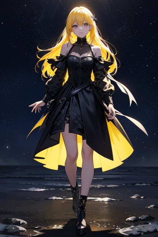 Yellow haired girl wearing gothic clothing,Blue pupil,Standing in the night,Holding glowing stars in hands。 pixiv, Digital art on Pixiv, Pixiv style, Zero art, Great light and shadow, Pixiv Contest Winner, In Pixiv, Guviz, Anime cute art style