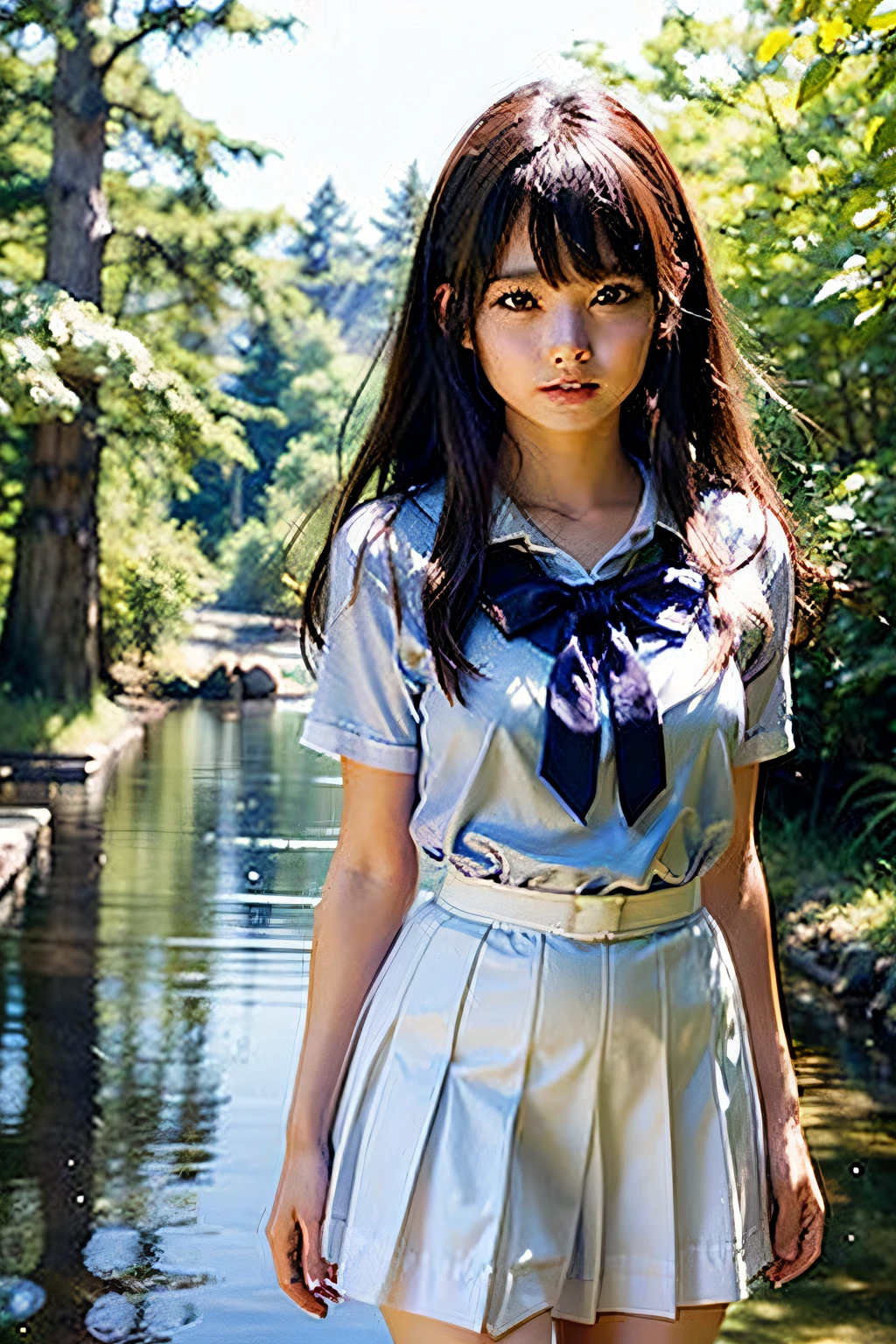 nffsw,​masterpiece、high-level image quality、The ultra -The high-definition、8k wallpaper、((Extremely beautiful face、kawaii faces))、Bright brown eyes、((Double beautiful eyes))、no-makeup、Well-formed face,full body Esbian、a sailor suit,Blue Ribbon、White skirt、One Beautiful Girl, hi-school girl、**** student、Hairstyle with bangs、great outdoors、Blue swamp in the coniferous forest belt、Beautiful girl walking in the water and coming here、Embarrassment、confusion、Ephemeral、dark sky、side lights、Noise Reduction、Pale and soft light、diffuse glow、Hair that flutters in the wind、A skirt that flutters in the wind,pantiy、White panty、Soaring skirt、pantiy