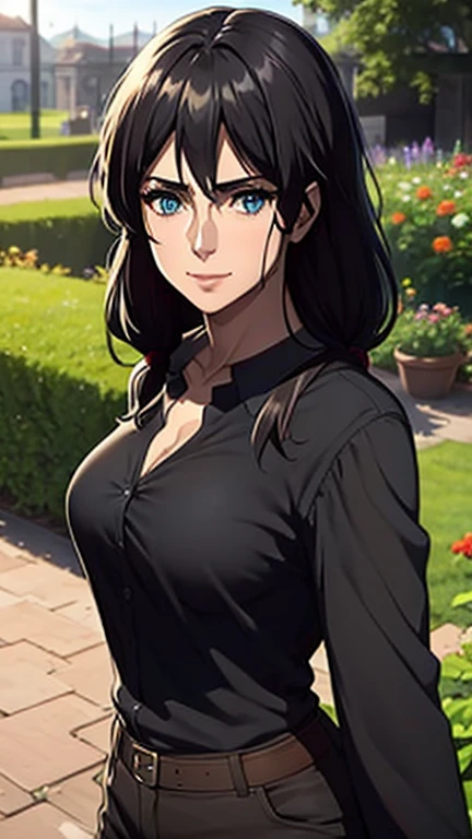 Long black hair,black colour suit and black shirt, perfect sized boobs, standing,blue colour eyes,ultra realistic detailed blue eyes, beautiful and perfect face, sunlight and garden background, beautiful smile