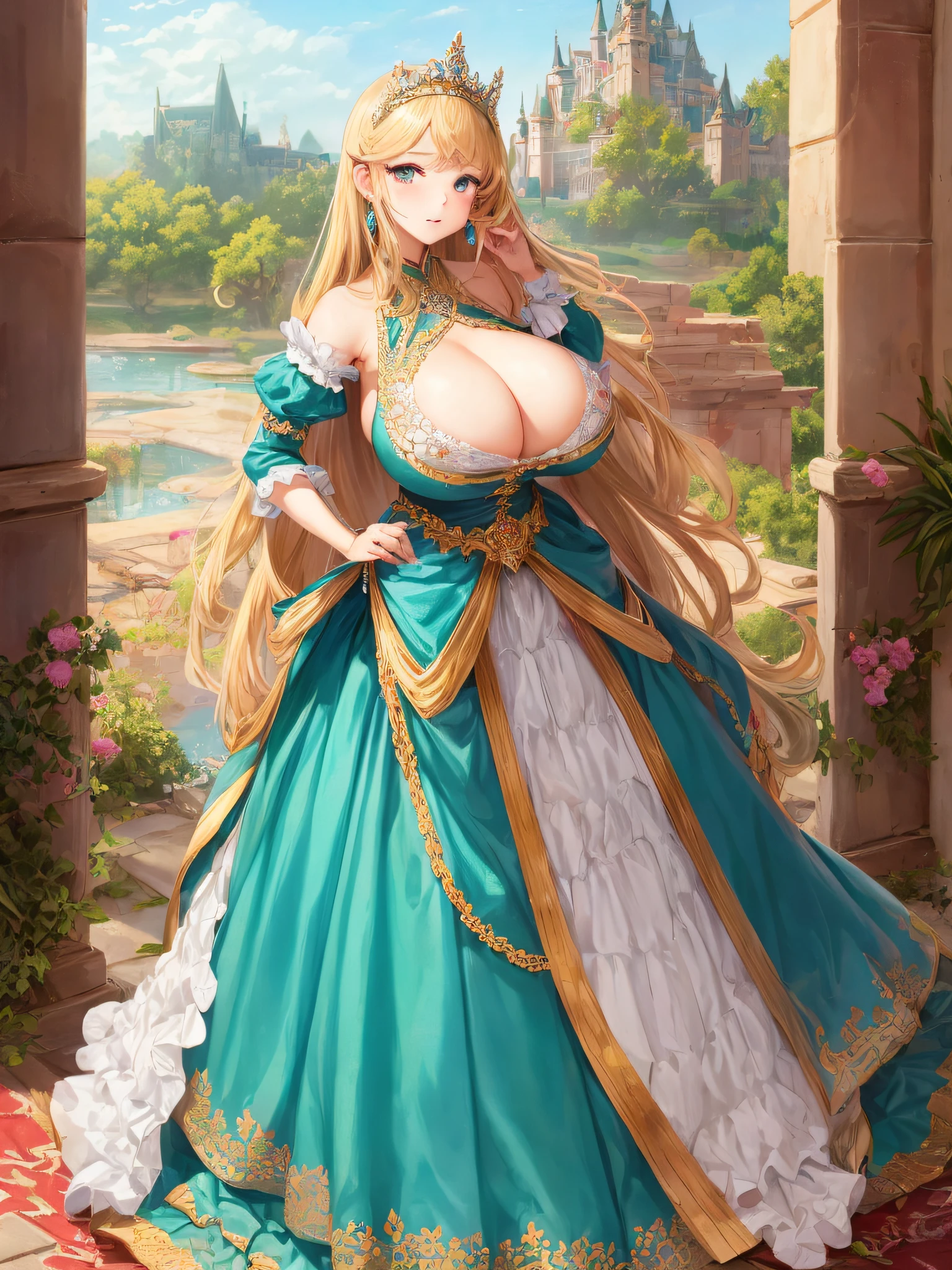 ultra-detailed, extremely detailed,((anime artstyle)),Masterpiece,(Best Quality),(Super Detail),((Solo)),((full body portrait)),detailed eyes, perfect eyes, rendered eyes,((1 princess in beautiful embroidery and jeweled gorgeous rococo ballgown with frilled voluminous full length hoop skirt)),((Crinoline)),(large amount of straight hair,extremely voluminous Very Long straight Hair,Absolutely Long Straight Hair),((very gigantic boobs)),cleavage,(beautiful fantasy castle,outdoors,outside the castle),(bling-bling extremely gorgeousfull jeweled tiara),full body portrait,