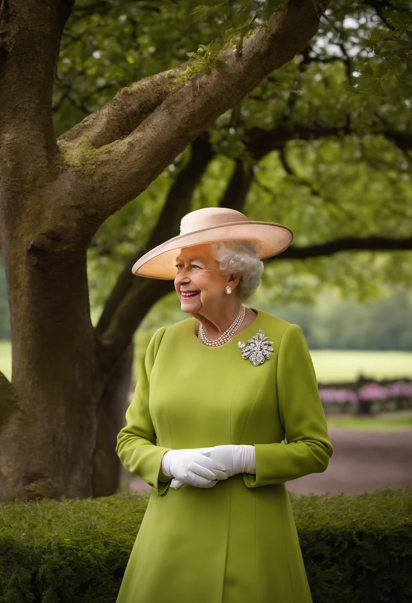A photo of a grand oak tree in the royal gardens,Queen Elizabeth II,Queen Elizabeth II, known for her dignified and composed demeanor, typically appears in elegant, color-coordinated outfits, often accompanied by a matching hat and pearls, embodying the traditional and refined style befitting a monarch. Her appearance is marked by her signature hairstyle, kept consistent throughout her reign, and a warm, yet reserved smile that reflects her steady and composed nature.