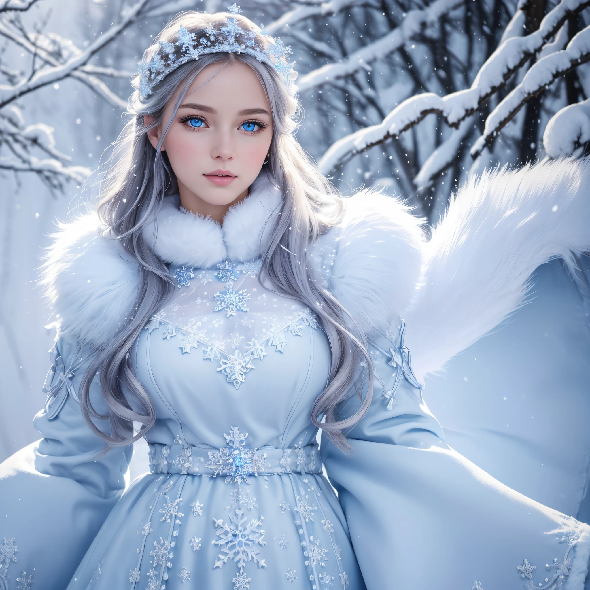 (best quality,4k,highres,masterpiece:1.2),ultra-detailed,(realistic:1.37),beautiful detailed blue eyes,snow maiden,beautiful detailed lips,blue winter dress,snowflakes,white lace on sleeves,fluffy fur collar and cuffs,sparkling snow background,stunning beauty,vivid colors,soft natural lighting,portrait style,subtle blue color tone