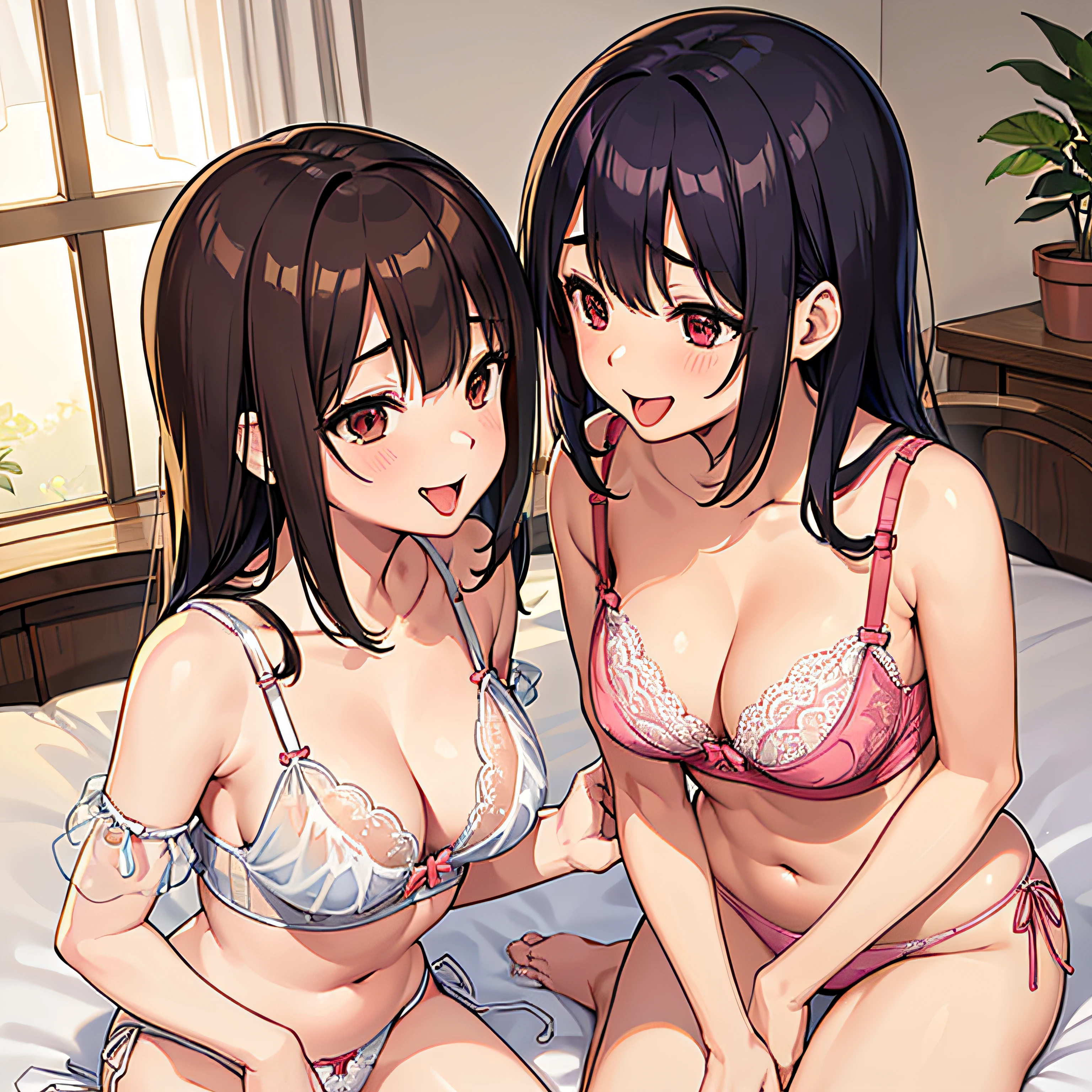 (Best Illustration:1.2), (masutepiece:1.2), (NSFW:1.2), Bed in the bedroom, (3 married women:1.2), (Futanari:1.8), (Futanut:1.8), (Big:1.2), (Chincus:1.8), (See-through string bra and string panties:1.8), (kinky lesbian:1.2), (cheating wife lesbian:1.2), (Lesbian sex:1.5), (hand job:1.5), (AHE Face:1.5), (Vulgar laughter:1.2), (grinning lasciviously:1.5), (Open the large mouth:1.5), (stick out a long tongue:1.3), (Enchanting:1.3),