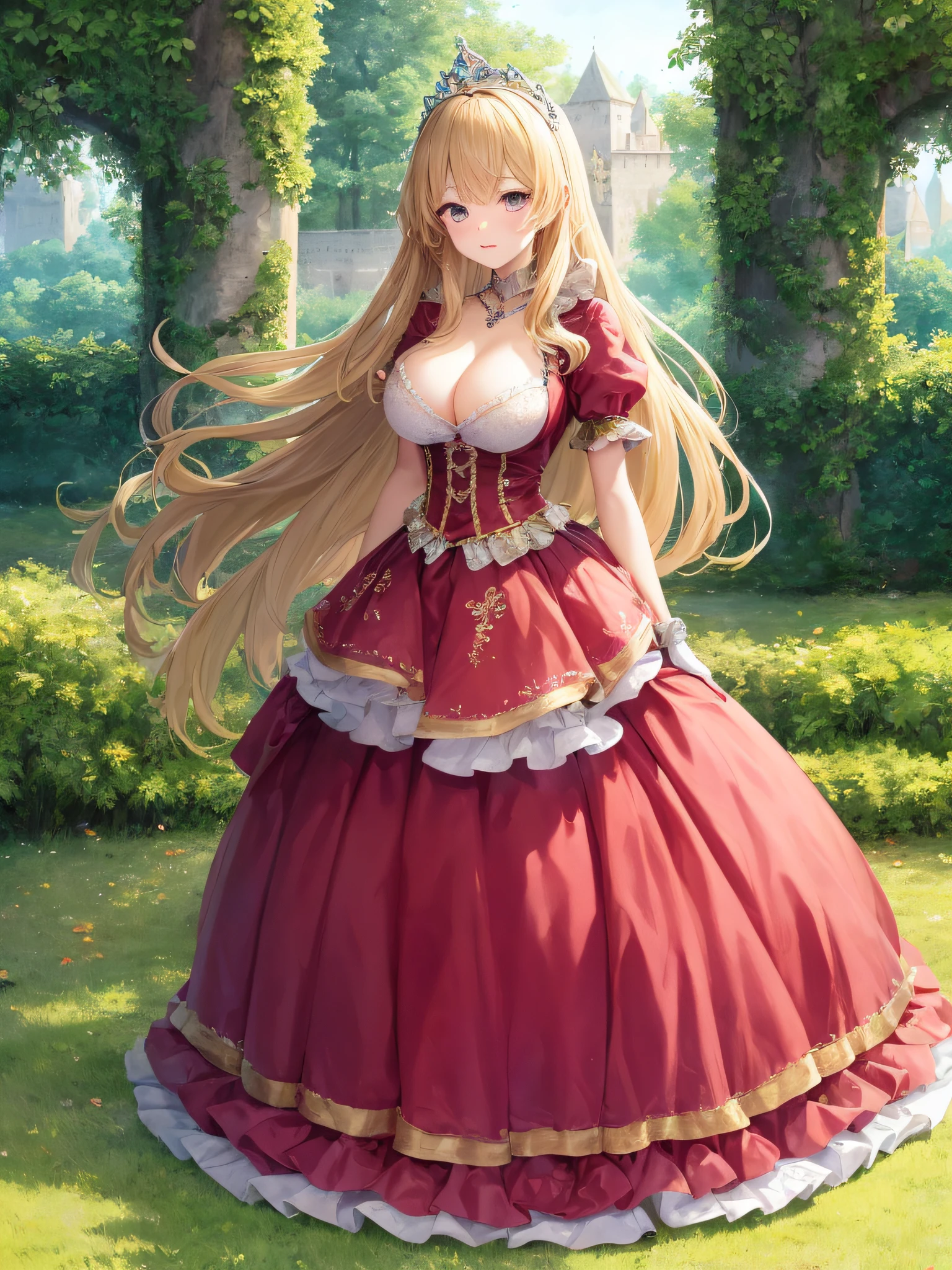 ultra-detailed, extremely detailed,((anime artstyle)),Masterpiece,(Best Quality),(Super Detail),(Very Delicate and Beautiful),((Solo)),((full body portrait)),full body,full body portrait,(detailed face and eyes),detailed eyes, perfect eyes, rendered eyes,jewel-like beautiful eyes,((1 princess in beautiful embroidery and jeweled gorgeous rococo ballgown with frilled voluminous full length hoop skirt)),((Crinoline)),beautiful embroidery and jeweled gorgeous rococo ballgown with frilled voluminous full length hoop skirt,(large amount of straight hair,extremely voluminous Very Long straight Hair,Absolutely Long Straight Hair),((very gigantic boobs)),cleavage,(beautiful castle,outdoors,outside the castle),long_gloves,extremely gorgeousfull jeweled hair ornament,(bling-bling extremely gorgeousfull jeweled tiara),(luxurious jewelry),full body portrait,beautiful embroidery and jeweled gorgeous rococo ballgown with frilled voluminous full length hoop skirt