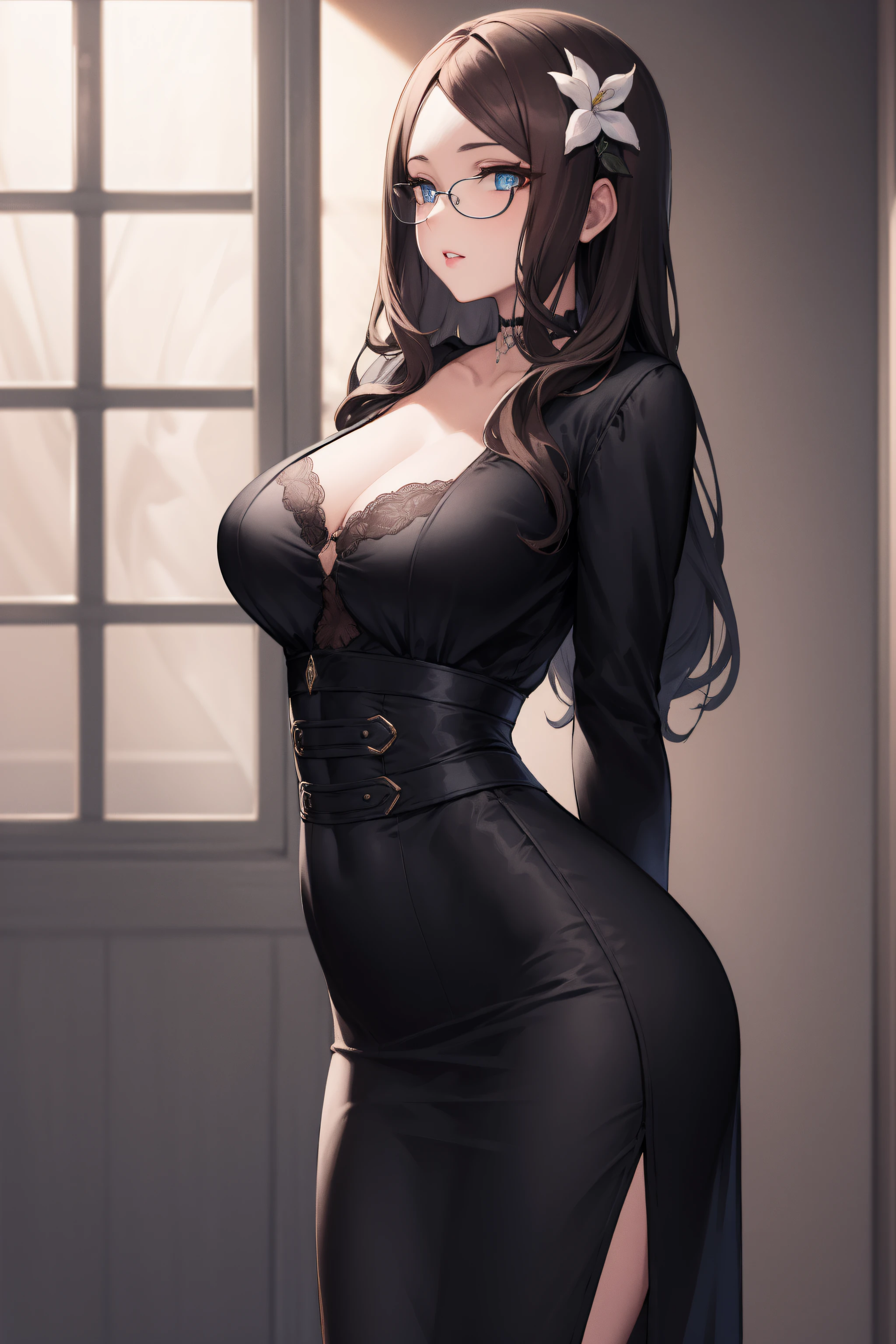 leonardodavinci, leonardo da vinci, blue eyes, brown hair, glasses, long hair, semi-rimless eyewear, under-rim eyewear,
BREAK black gloves, black gothic dress (idolmaster), black ribbon, black shirt, choker, collarbone, gloves, hair flower, hair ornament,
BREAK looking at viewer,standing, leaning forward, (arms behind back:1.2),
BREAK indoors,
BREAK (masterpiece:1.2), best quality, high resolution, unity 8k wallpaper,NSFW ,(illustration:0.8), (beautiful detailed eyes:1.6), extremely detailed face, perfect lighting, extremely detailed CG, (perfect hands, perfect anatomy),