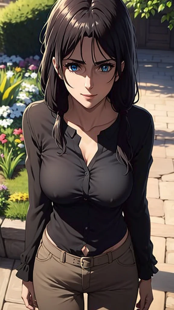 Long black hair,black colour suit and black shirt, perfect sized boobs, standing,blue colour eyes,ultra realistic detailed blue eyes, beautiful and perfect face, sunlight and garden background, beautiful smile