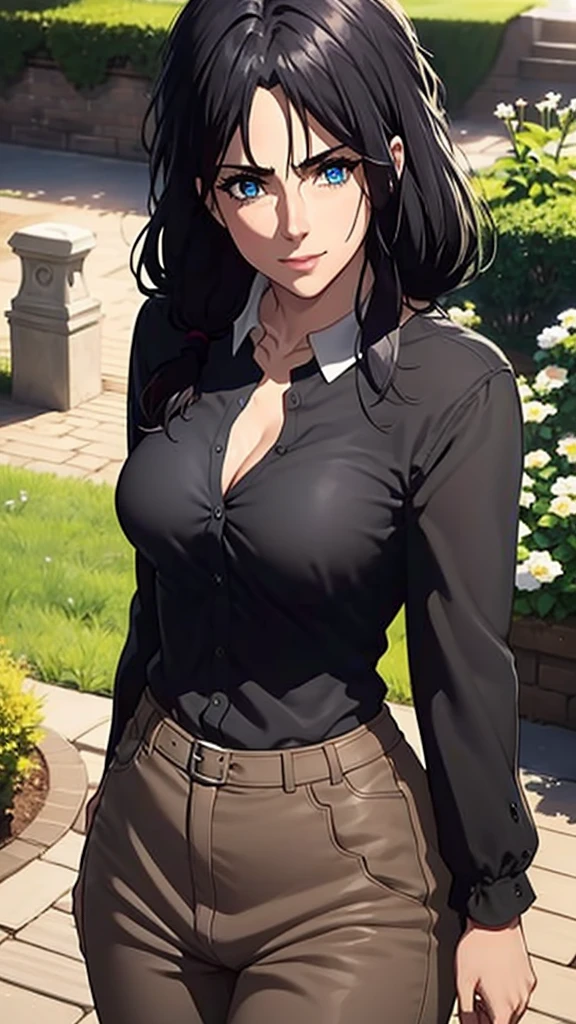 Long black hair,black colour suit and black shirt, perfect sized boobs, standing,blue colour eyes,ultra realistic detailed blue eyes, beautiful and perfect face, sunlight and garden background, beautiful smile