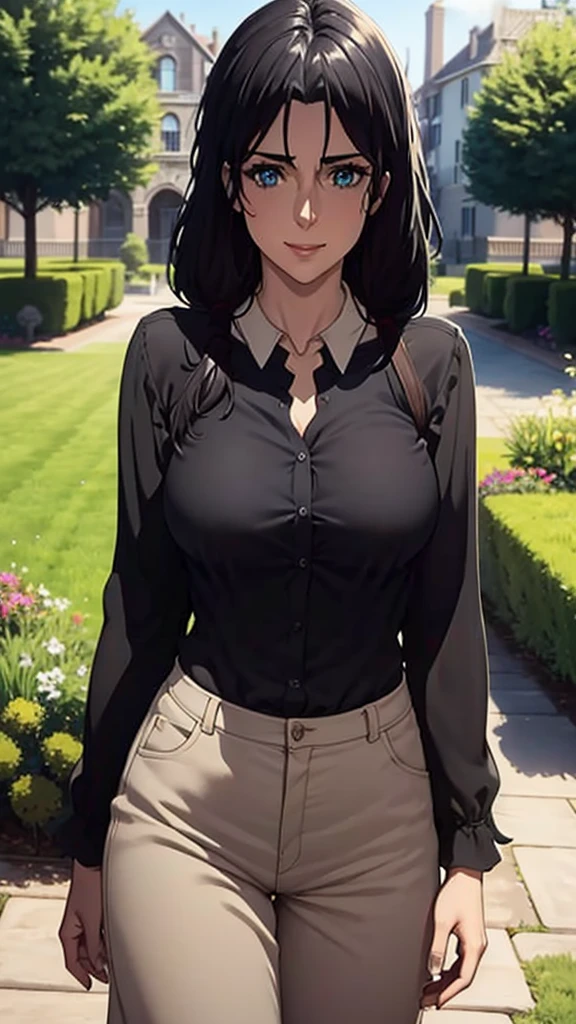 Long black hair,black colour suit and black shirt, perfect sized boobs, standing,blue colour eyes,ultra realistic detailed blue eyes, beautiful and perfect face, sunlight and garden background, beautiful smile