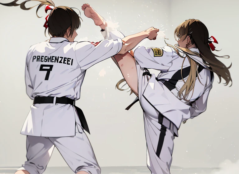 (best quality,4K,high resolution,masterpiece:1.2),(girl, long blonde hair, sento isuzu from "Amagi brilliant park",barefoot), engaging in an intense battle with a man, executing high kicks, barefoot, wearing a taekwondo uniform, the fight is fierce.