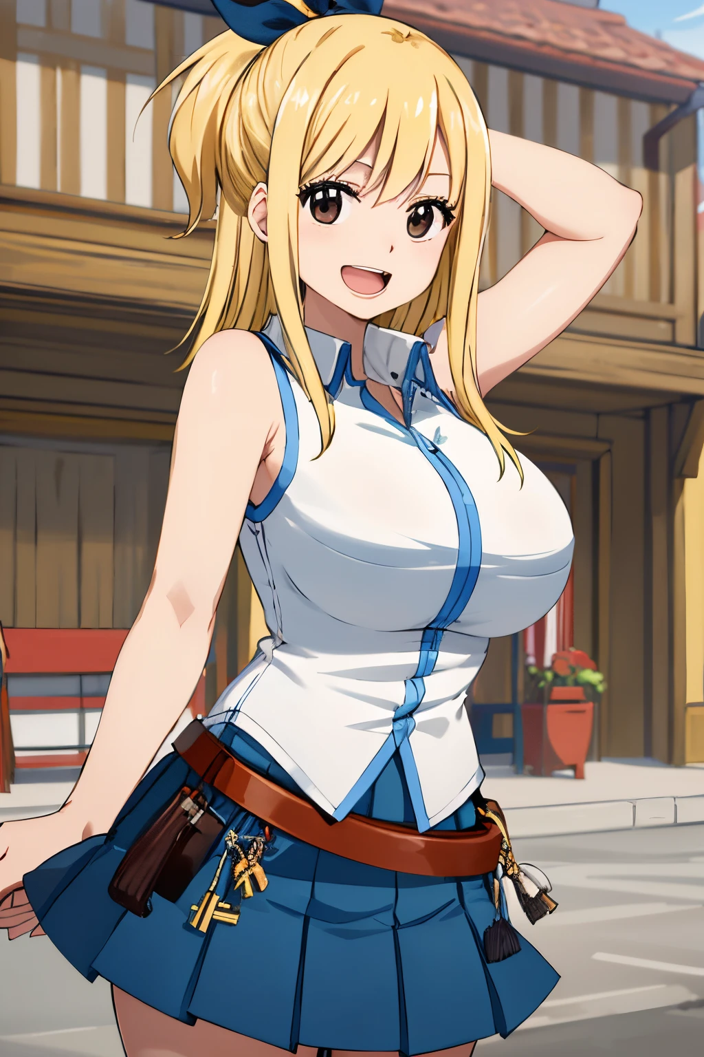 ​masterpiece, top-quality, hight resolution, Lucy Heartphilia, blonde  hair, length hair, large full breasts, white  shirt, Sleeveless, a belt, a blue skirt, cowboy  shot, is standing, looking at the viewers, outside of house, A smile, open open mouth, have a golden key