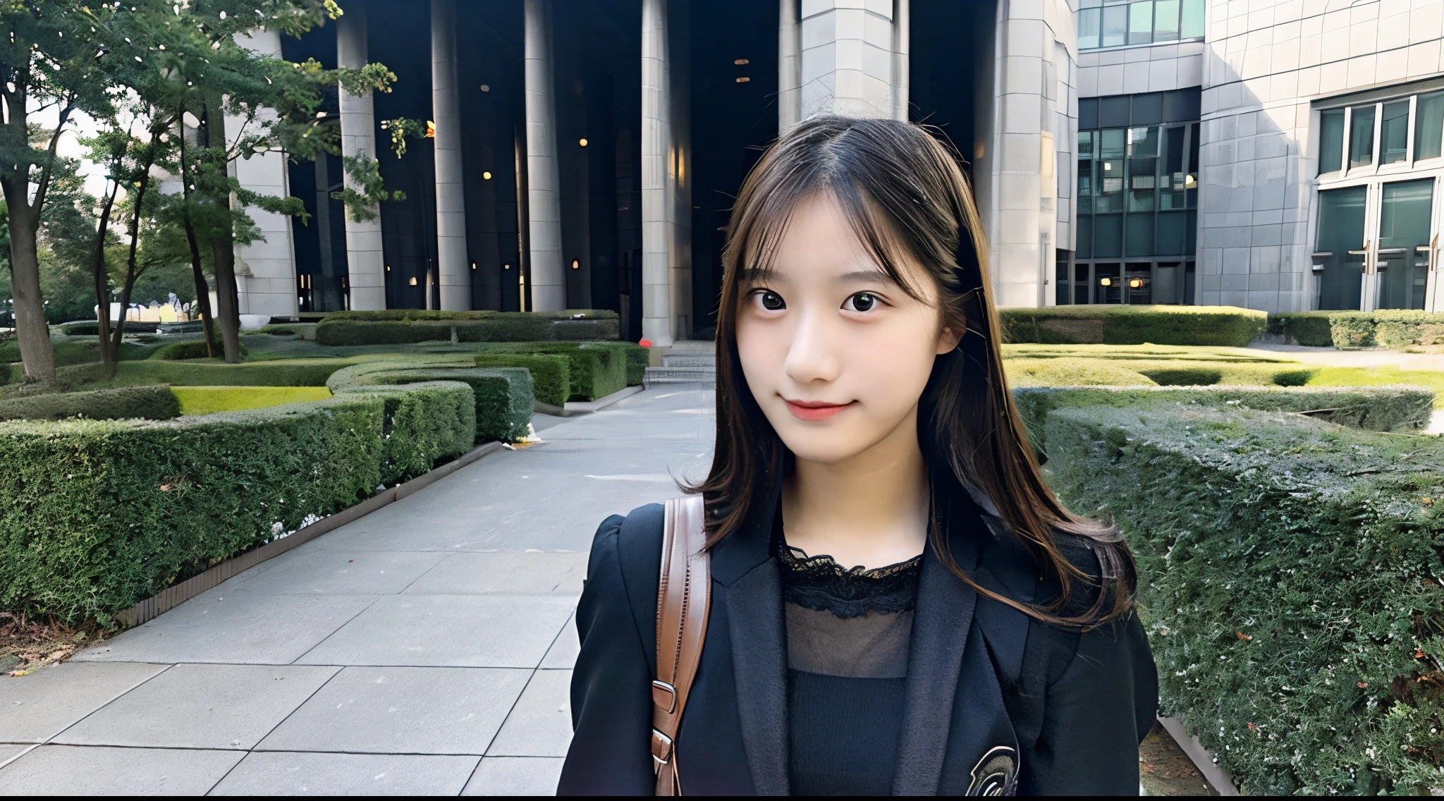 Chinese girl, beautiful, cute, white skin, takes a photo in the middle of a building, her background isn't blurred, in a cute outfit at a cafe.