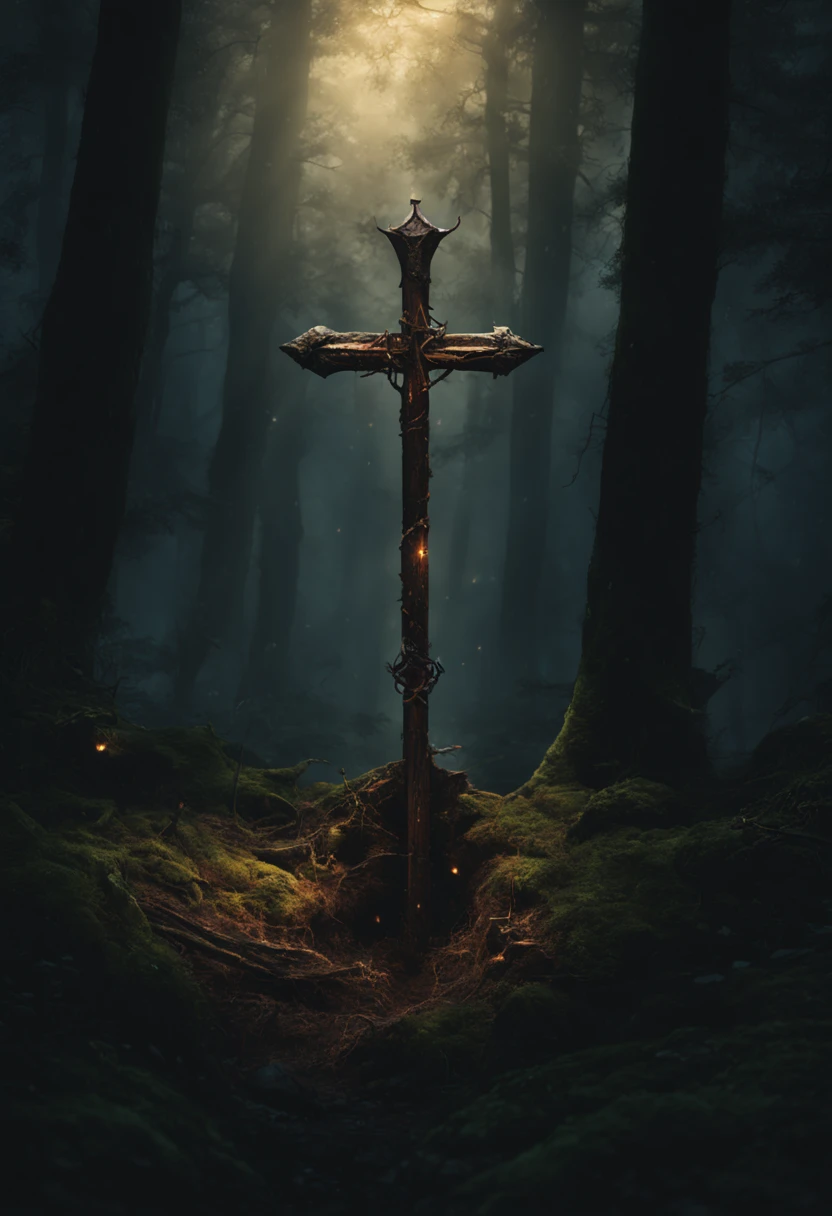In the dark and deep forest、A rusty sword stuck deep into the ground、looks like a cross。There's a faint light shining there。