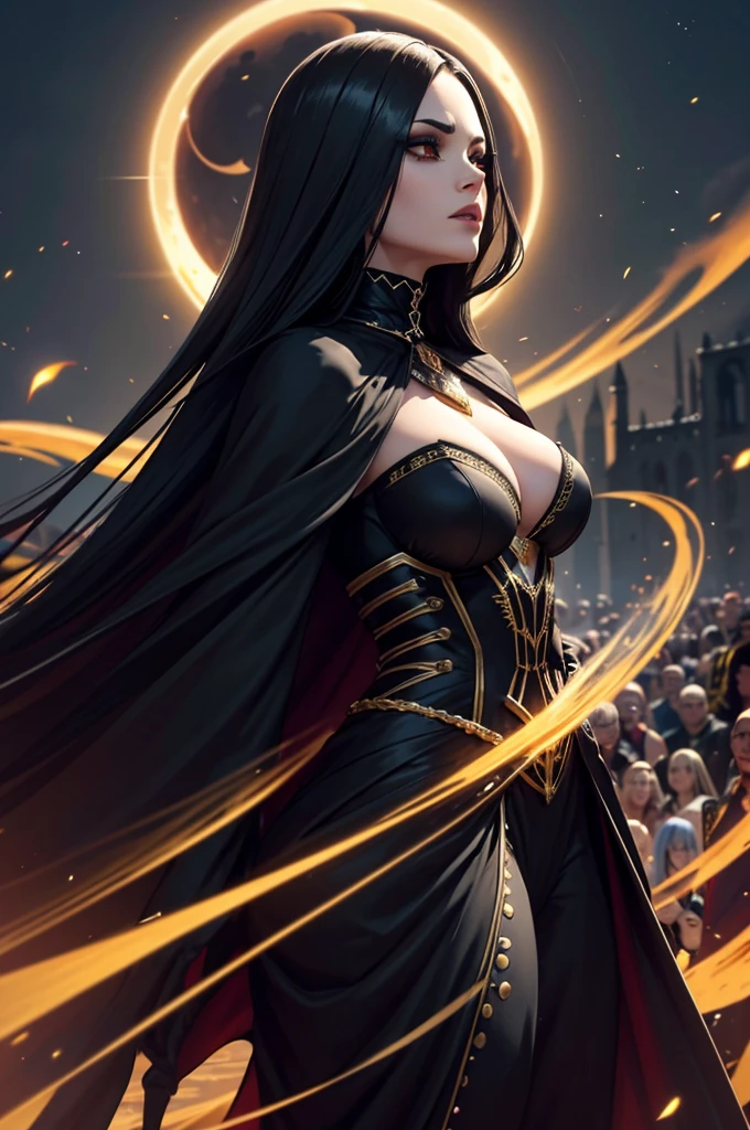 Uma personagem feminina usando capa com cabelos dourado curto, In the midst of the crowd,eclipse,goth clothing, detalhadas, 8k, magnificent art, dramatic scene, Eclipse at the apex of the image, maga. Gothic armor with gold and black details, vampira, fluttering cover.