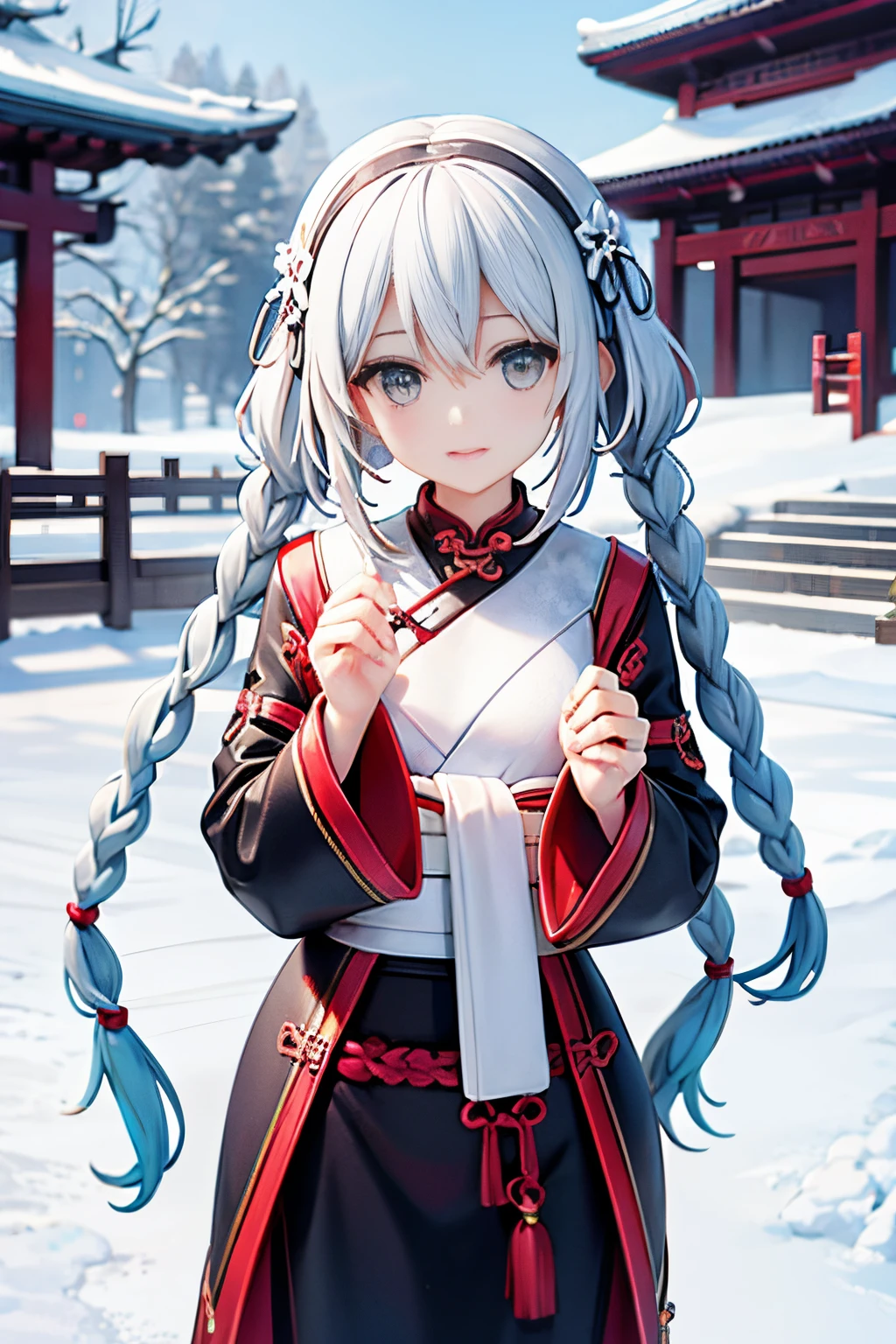 Ancient Chinese beauties with double braids，snow garden,