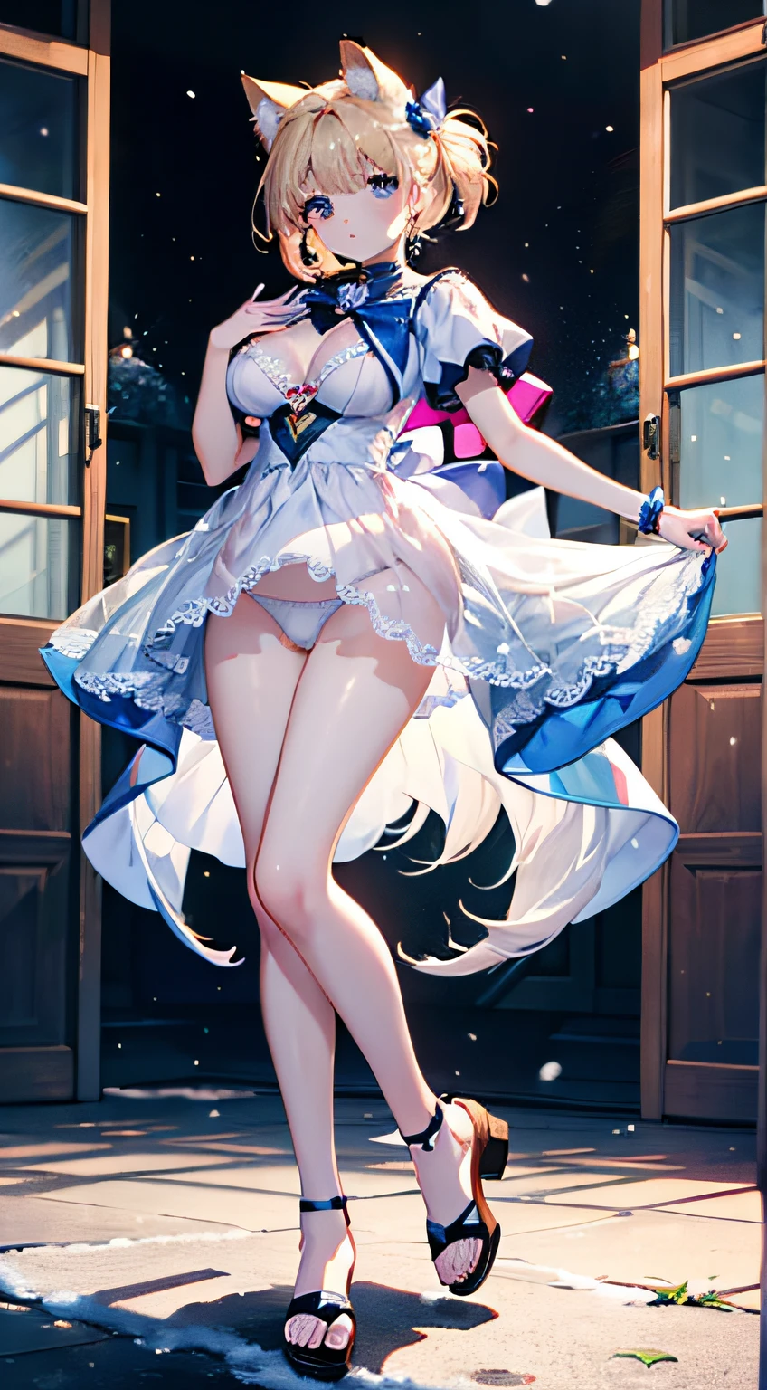 (1 female),full-body view,almost all breasts exposed,Pink Sailor Moon、Star Guardian costume,Snow-white skin,Full body lesbian,Colossal tits,mediuml breasts,pretty legs,sandals,White transparent lace underwear,titmouse, only underwear lewdness,Expose breasts exposed,open chest and breasts,White transparent panties exposed,Perfect five fingers,beautiful boobs, Highest high resolution、top-quality、Highest high resolution、top-quality、tmasterpiece,Best quality at best,Super meticulous hands,The facial details are particularly rich、Original characters、perfect litthing、The best colors、Extremely colorful、It was beautiful、finely detailled、超高分辨率、Plenty of natural light and optimal color tones、Deep in the field(top-quality、superbly fine details:1.4)fox ear、fox tails、Cupcakes