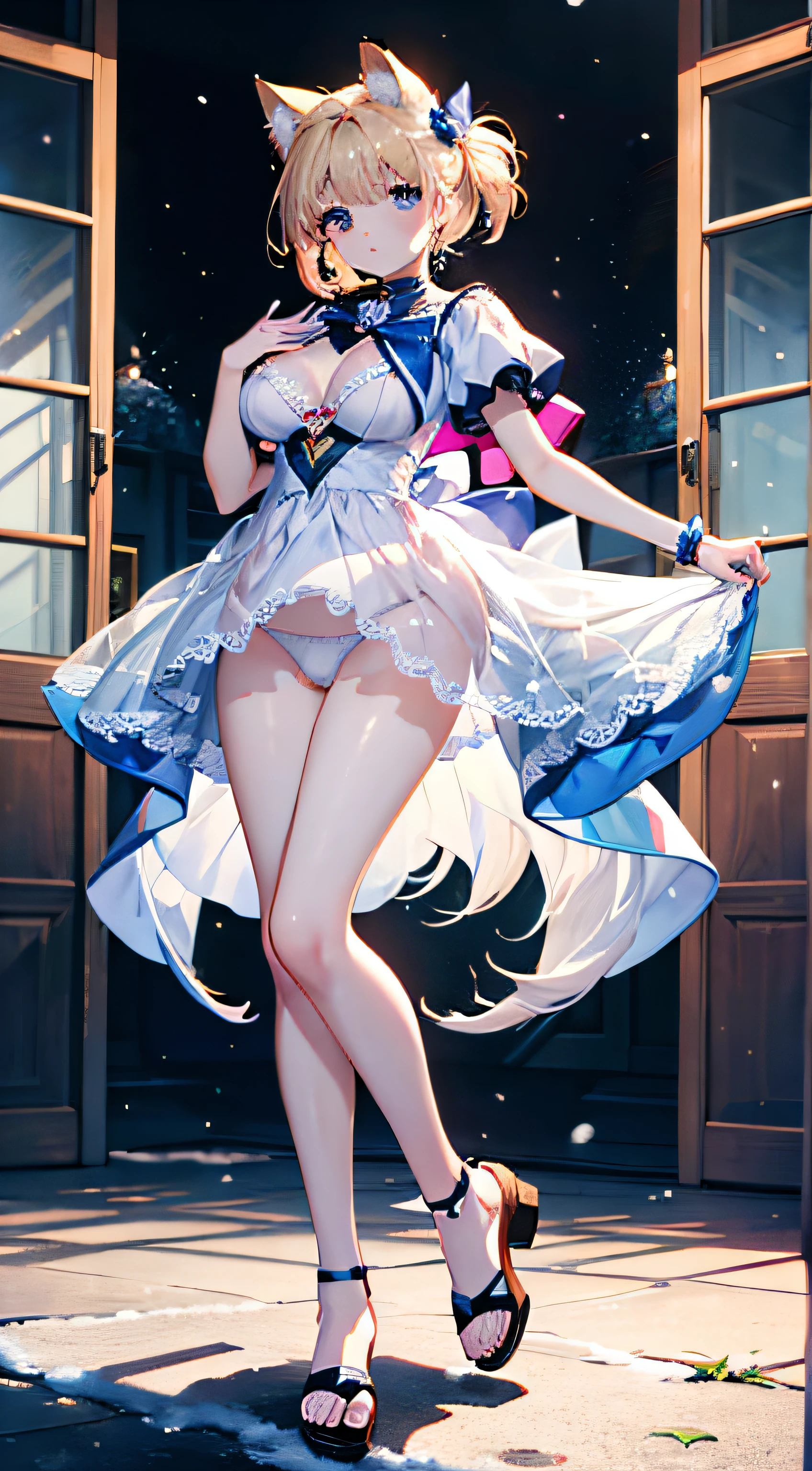 (1 female),full-body view,almost all breasts exposed,Pink Sailor Moon、Star Guardian costume,Snow-white skin,Full body lesbian,Colossal tits,mediuml breasts,pretty legs,sandals,White transparent lace underwear,titmouse, only underwear lewdness,Expose breasts exposed,open chest and breasts,White transparent panties exposed,Perfect five fingers,beautiful boobs, Highest high resolution、top-quality、Highest high resolution、top-quality、tmasterpiece,Best quality at best,Super meticulous hands,The facial details are particularly rich、Original characters、perfect litthing、The best colors、Extremely colorful、It was beautiful、finely detailled、超高分辨率、Plenty of natural light and optimal color tones、Deep in the field(top-quality、superbly fine details:1.4)fox ear、fox tails、Cupcakes
