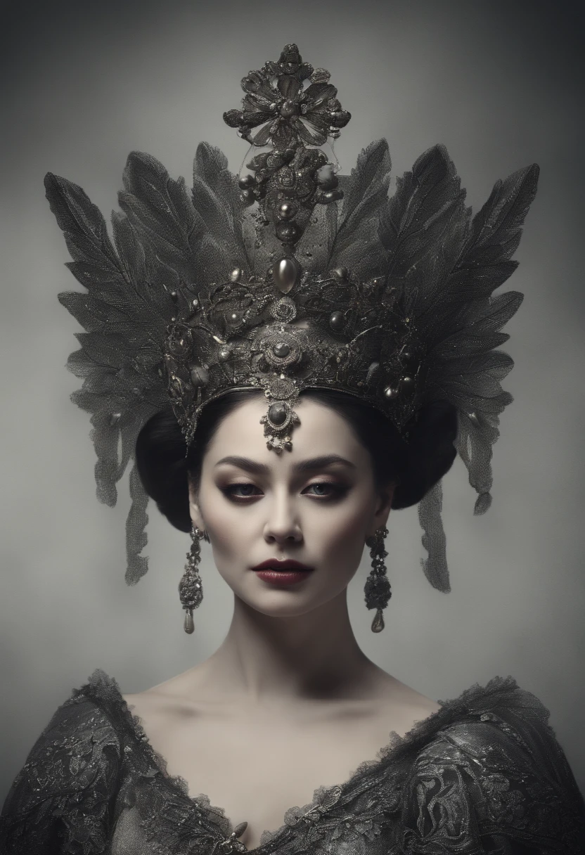 Black and silver tones、Hell、purgatory、Mozart's Requiem、Mystical、horor、gotik、darkness、karo、badas、epidemic、ruler、Pitch Black Darkness、hopelessness、lamentation、oppression、nothingness、intense cold、Black Ghost、Adult female mature woman in her 40s、Queen of the Dead、Persephone、lilith、hades、Greatest awe、immortal、draconian、dignity、Awe-inspiring Hall々、Proud、noble、dignity、solemnity、Bewitching、accomplishment、hatred、obsession、jewely、ruthless、greed、Lack of warmth、3-point live method、Oil Painting、Best Quality、hight resolution、foco nítido、Perfect Angle、Perfect shadow representation、perfect-composition、From Side、Portrait of Queen D,Highly detailed footage of the Queen of the Dead,Stunning portrait of the Queen of the Exparted,Portrait of the Queen of the Dead,Queen of the Dead Full Body