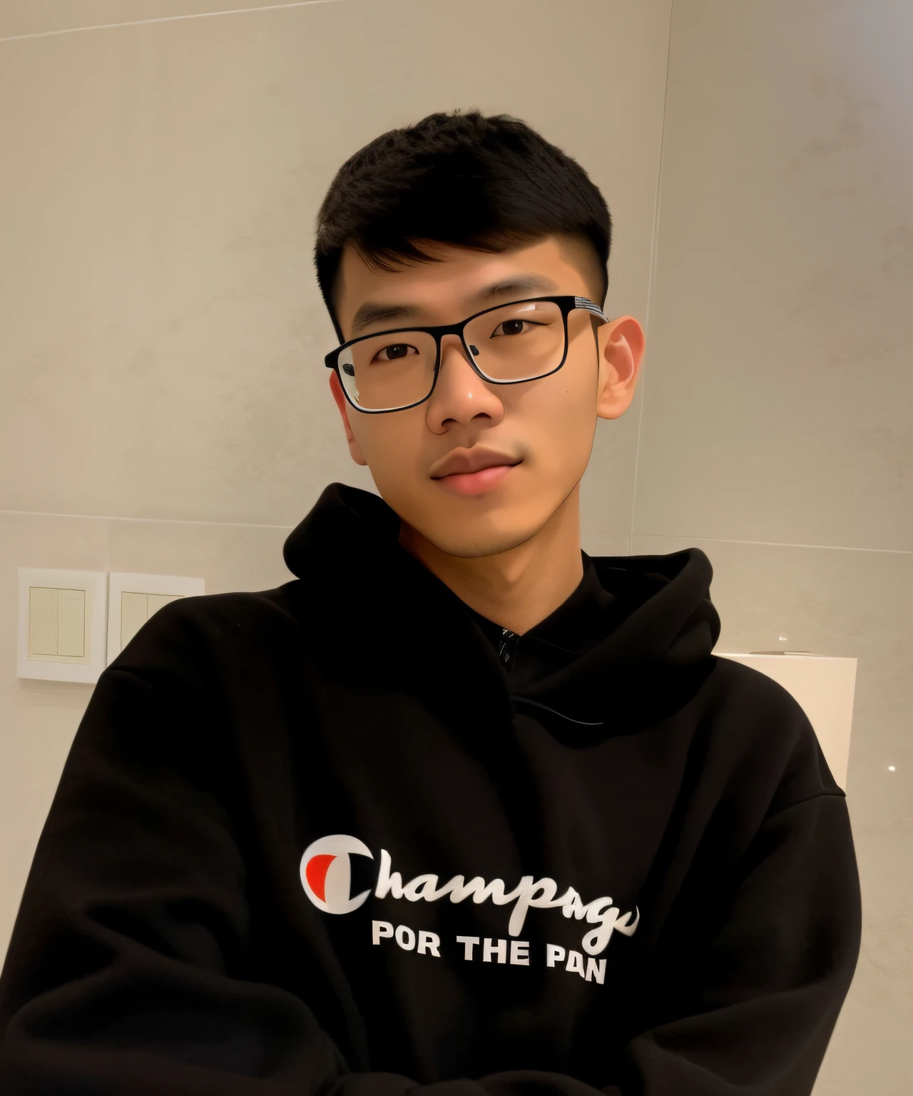 arafed man in a black champion sweatshirt standing in front of a mirror, yanjun chengt, wenjun lin, peter xiao, xintong chen, christopher cao, peter chan, inspired by Ding Guanpeng, inspired by Ding Yunpeng, steve zheng, bao pham, longque chen, chengwei pan, li zixin, headshot profile picture