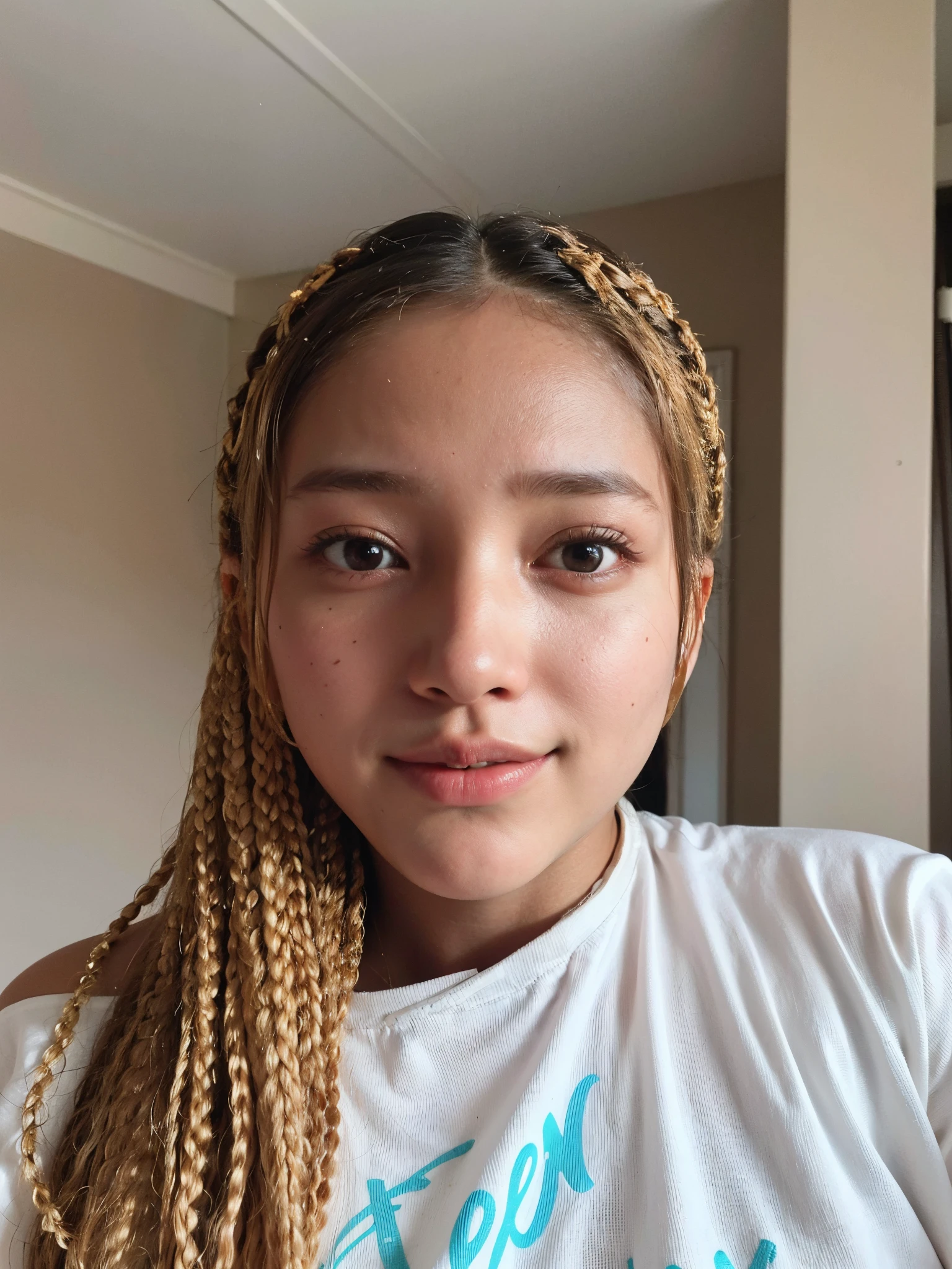there is a woman with a white shirt and braid hair, she is about 1 , 1 6 years oldold, light skinned african young girl, front portrait, around 1 9 years old, aged 13, ture, front profile, front profile shot, with brown skin, taken in the early 2020s, frontal view