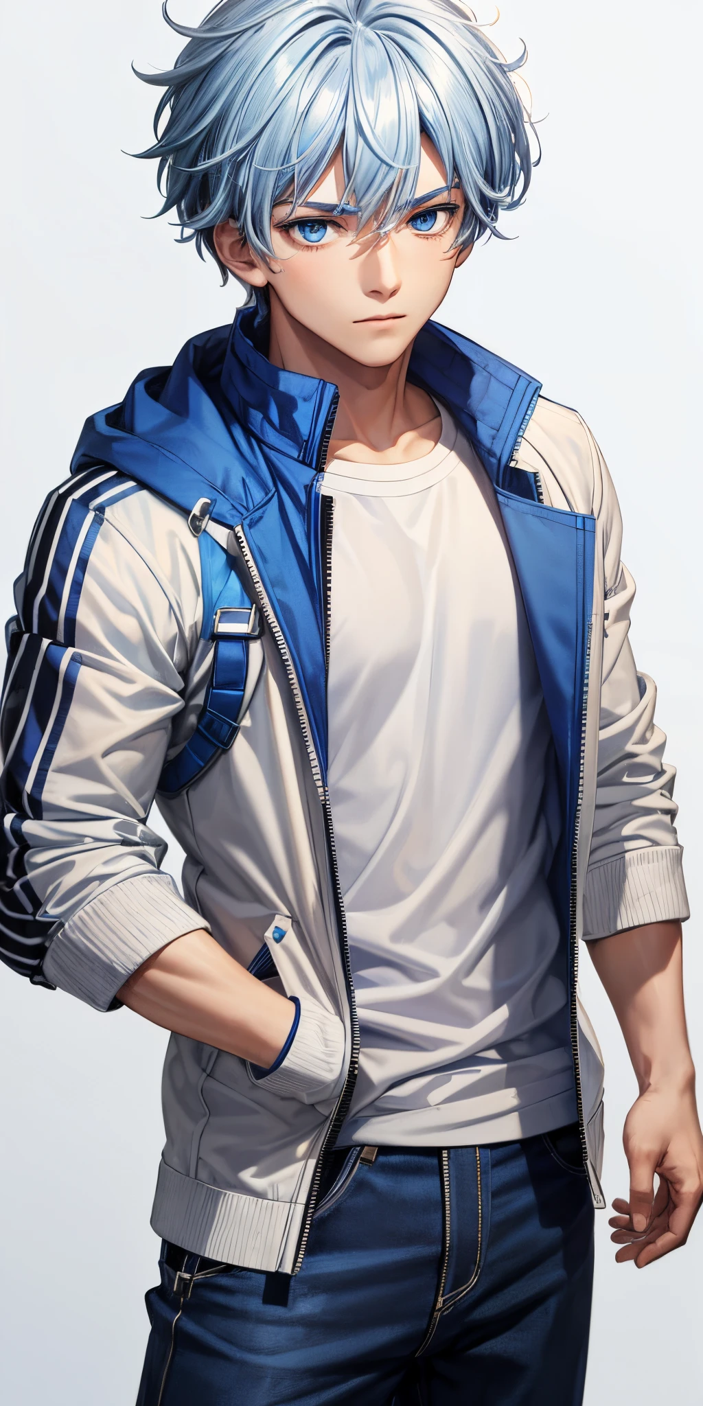 (masterpiece:1.2),  best quality,  8K, HDR, solo, 1boy, blue hair, male focus, blue eyes, ahoge, outdoors, sleeves rolled up, zipper, blue track jacket, (White background Solid white background:1.5)