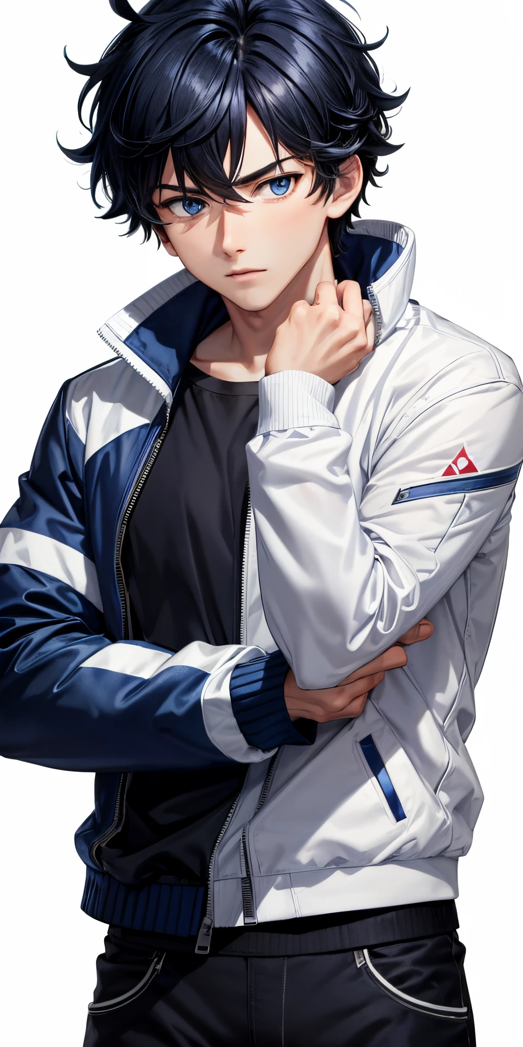 (masterpiece:1.2), best quality, 8K, HDR, solo, 1boy, black hair, male focus, blue eyes, ahoge, outdoors, sleeves rolled up, zipper, blue track jacket, (White background Solid white background:1.5)